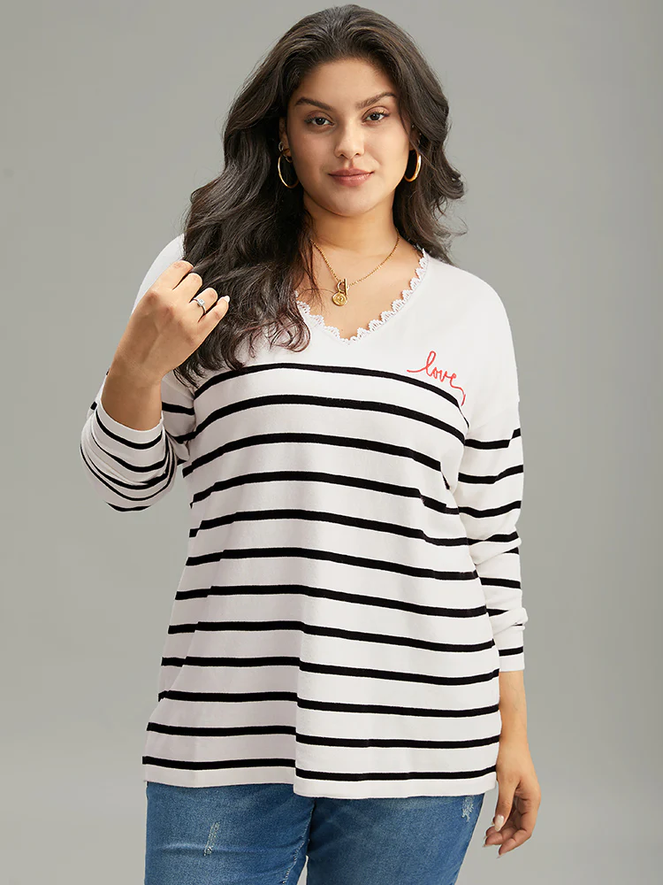 Supersoft Essentials Striped Letter Embroidered Lace Panel Pullover - Image 5