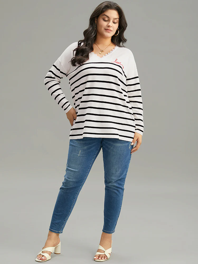 Supersoft Essentials Striped Letter Embroidered Lace Panel Pullover - Image 6