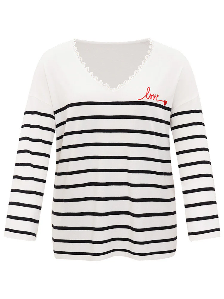 Supersoft Essentials Striped Letter Embroidered Lace Panel Pullover - Image 8