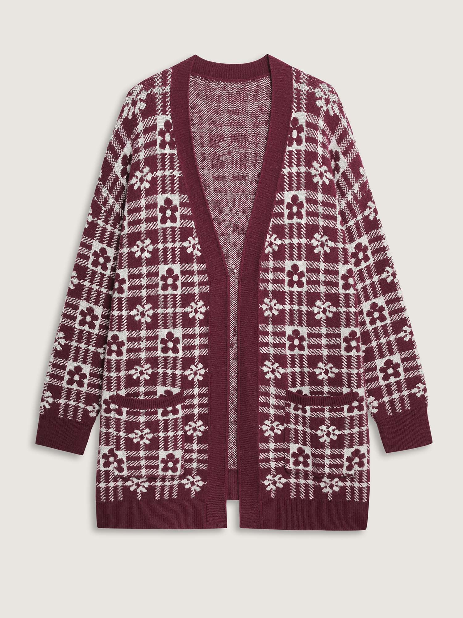 Supersoft Floral Checkered Pockets Knit Cardigan - Image 8