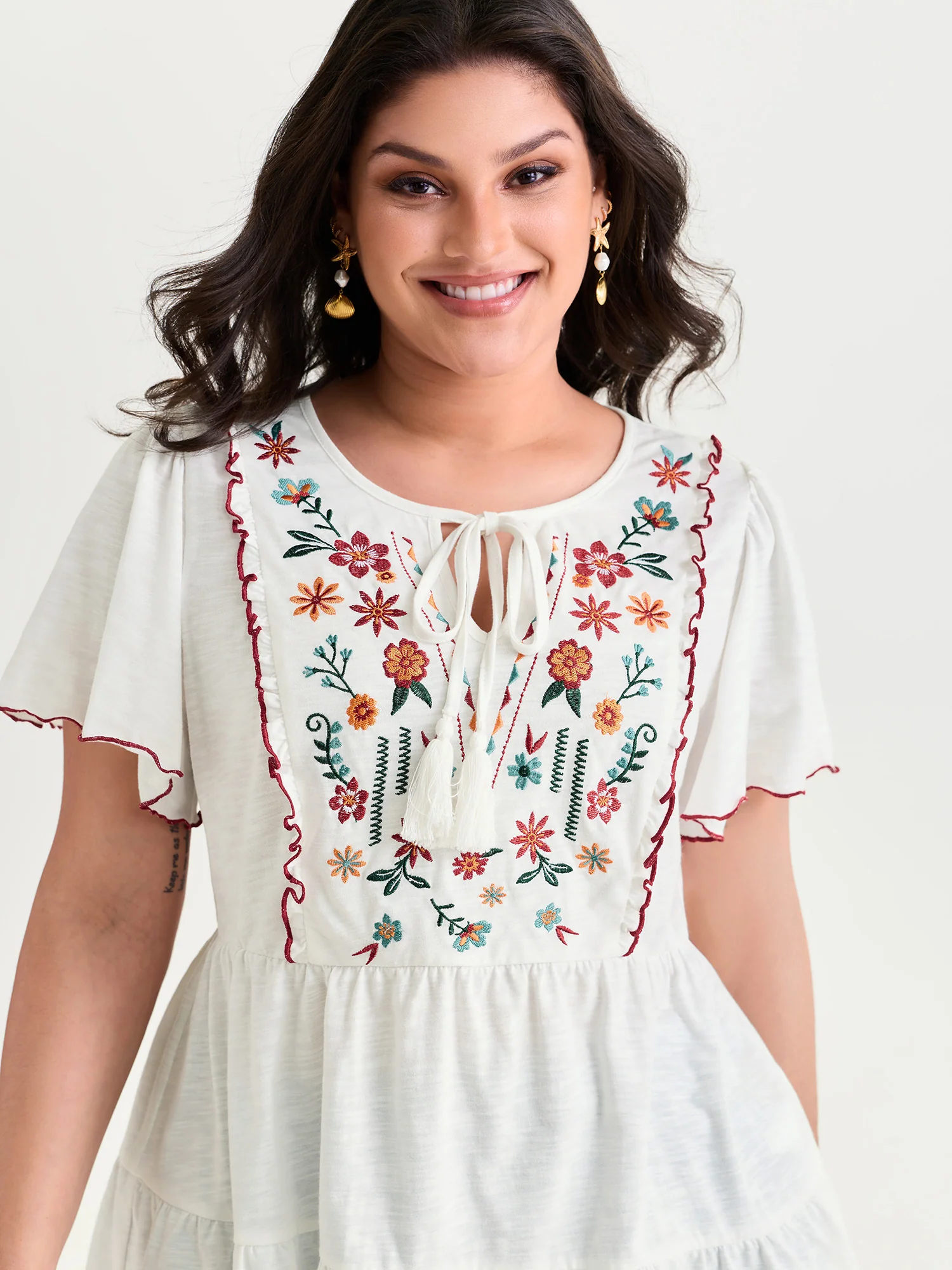 Supersoft Floral Embroidered Tassels T-Shirt - Image 2
