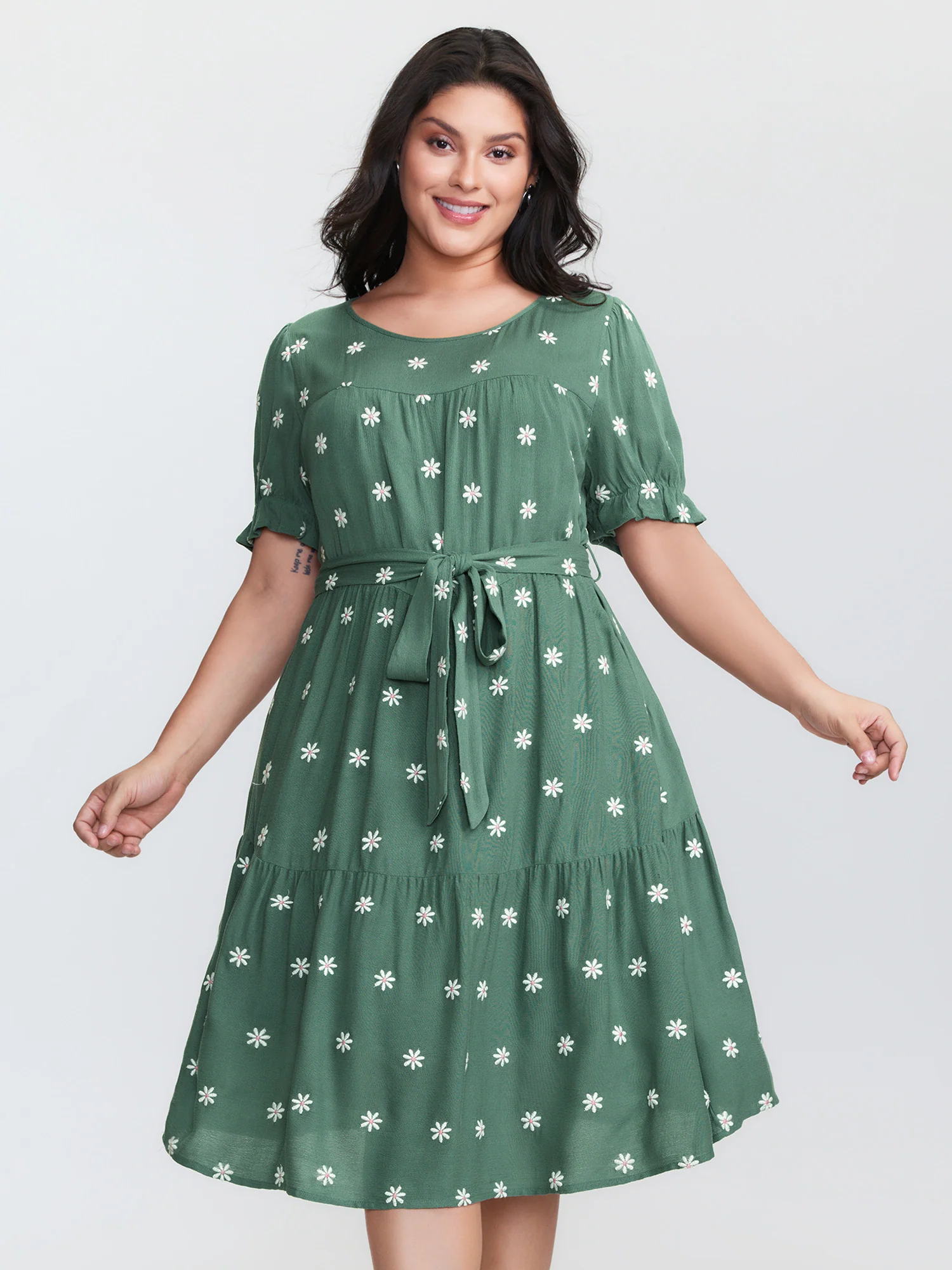 Supersoft Floral Embroidered Waist-Tie Mini Dress - Image 2