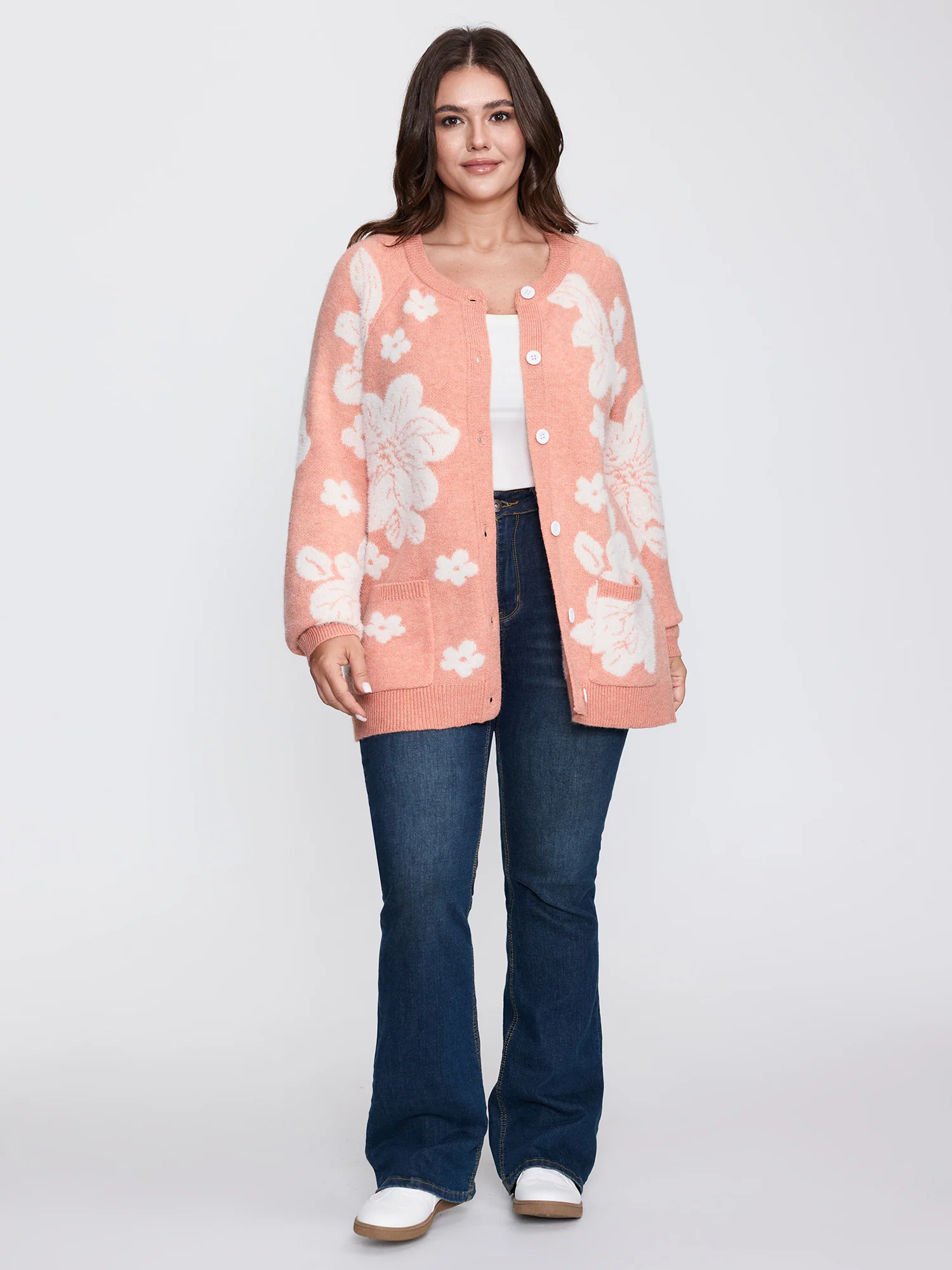 Supersoft Floral Pattern Round Neck Stretchy Knit Cardigan - Image 2
