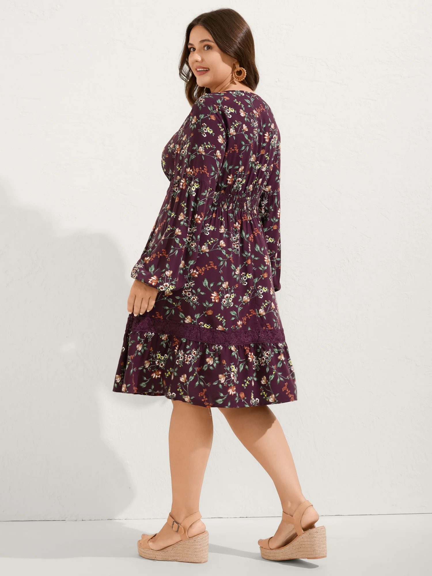 Supersoft Floral Print Lace Trim Knee-Length Dress - Image 5
