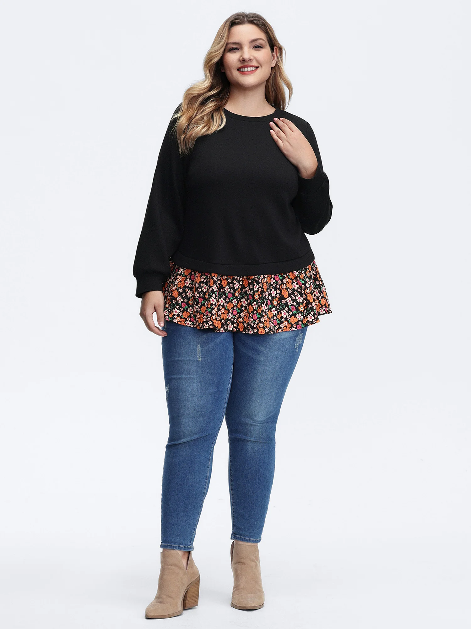 Supersoft Floral Spliced Layered Sweatshirt - Image 3