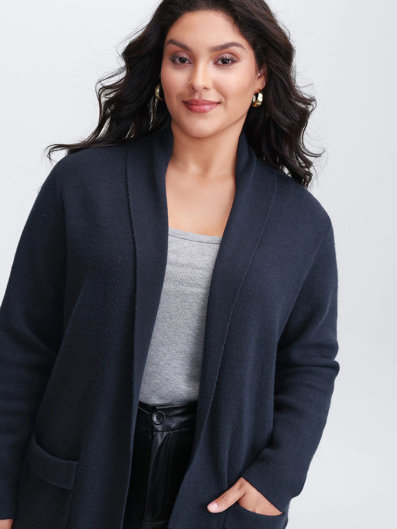 Supersoft Folded Collar Pockets Open-Front Knit Cardigan - Image 2