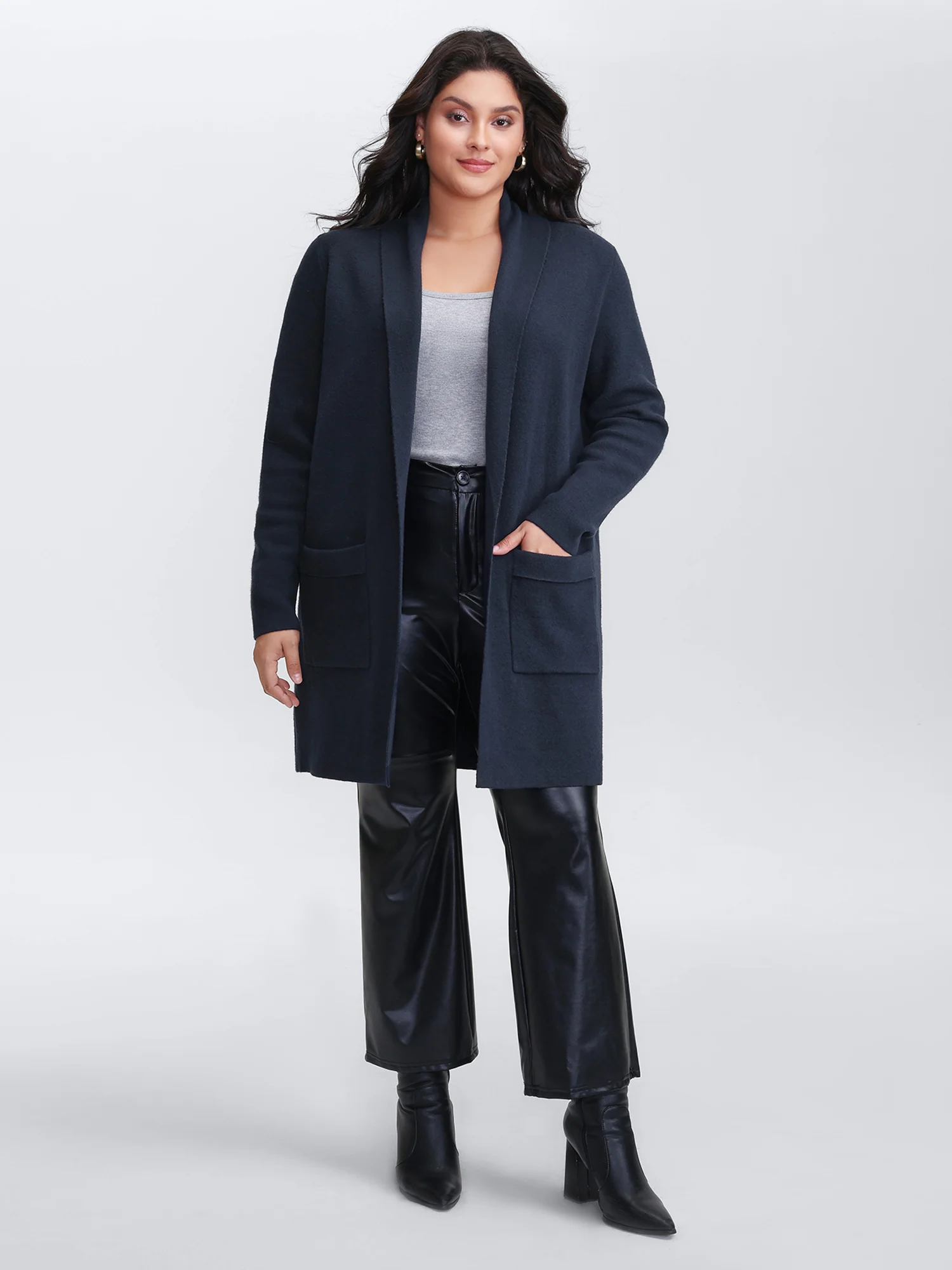 Supersoft Folded Collar Pockets Open-Front Knit Cardigan - Image 3
