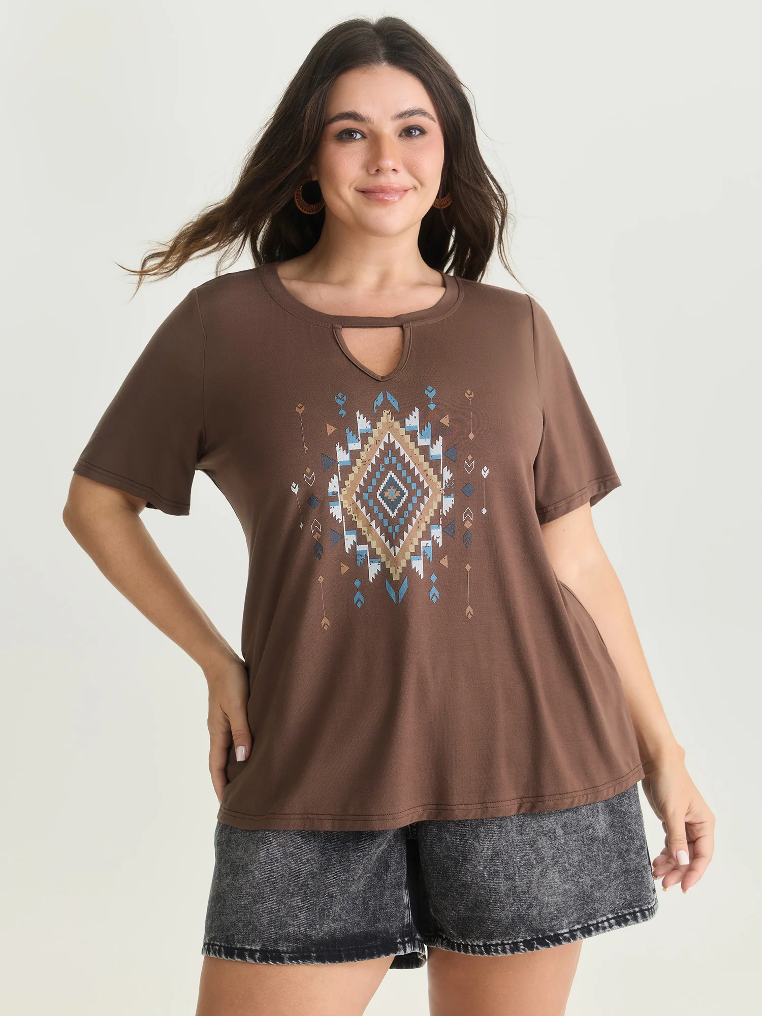 Supersoft Geometric Print Keyhole Neckline T-Shirt - Image 2