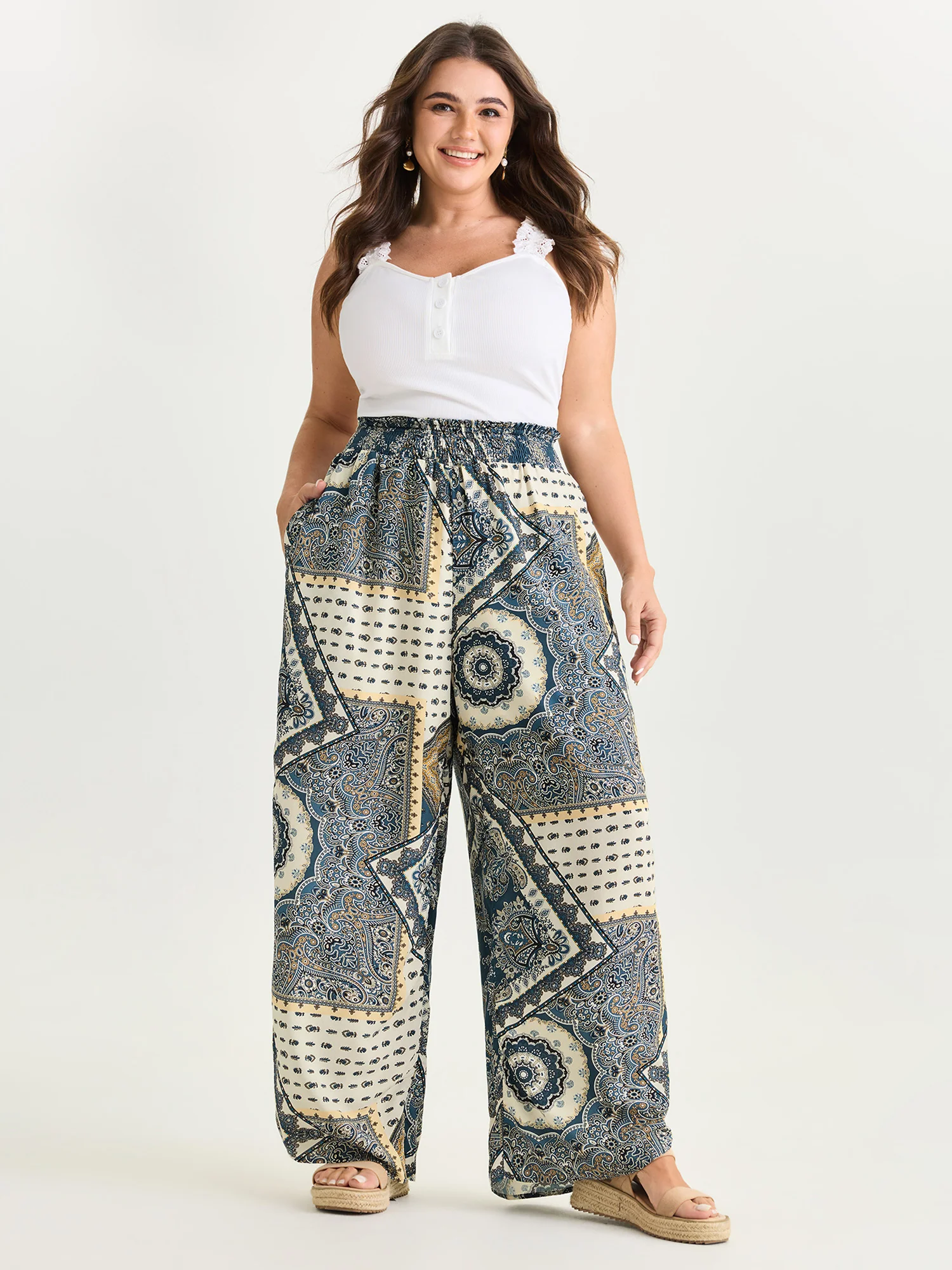 Supersoft Geometric Print Shirred Waist Pants