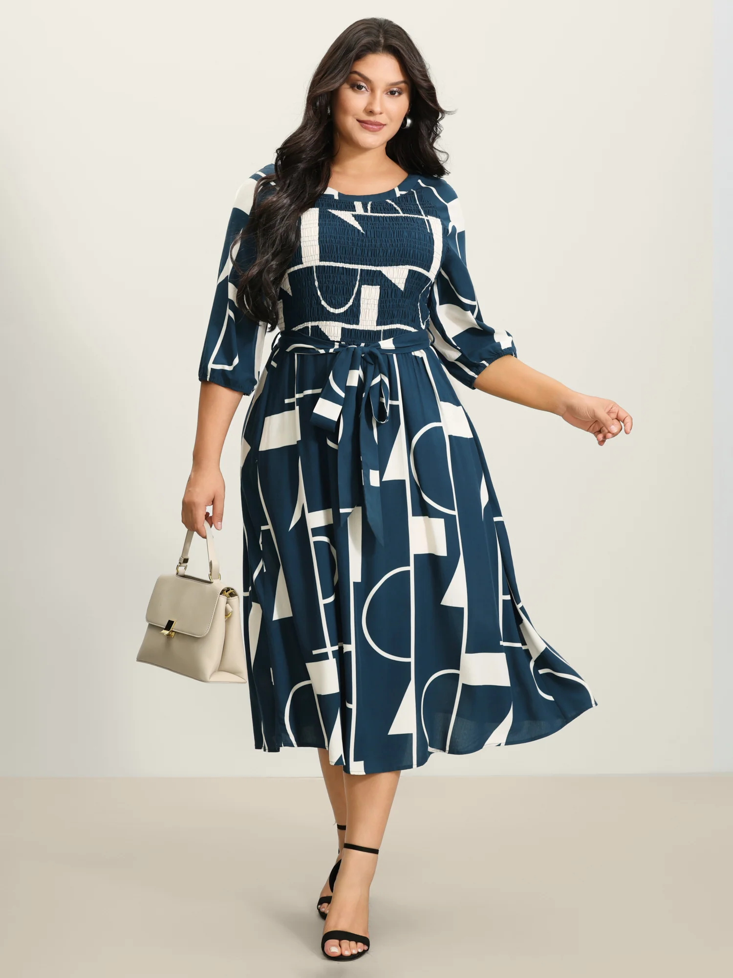 Supersoft Geometrical Print Shirred Bodice Tie Maxi Dress - Image 3