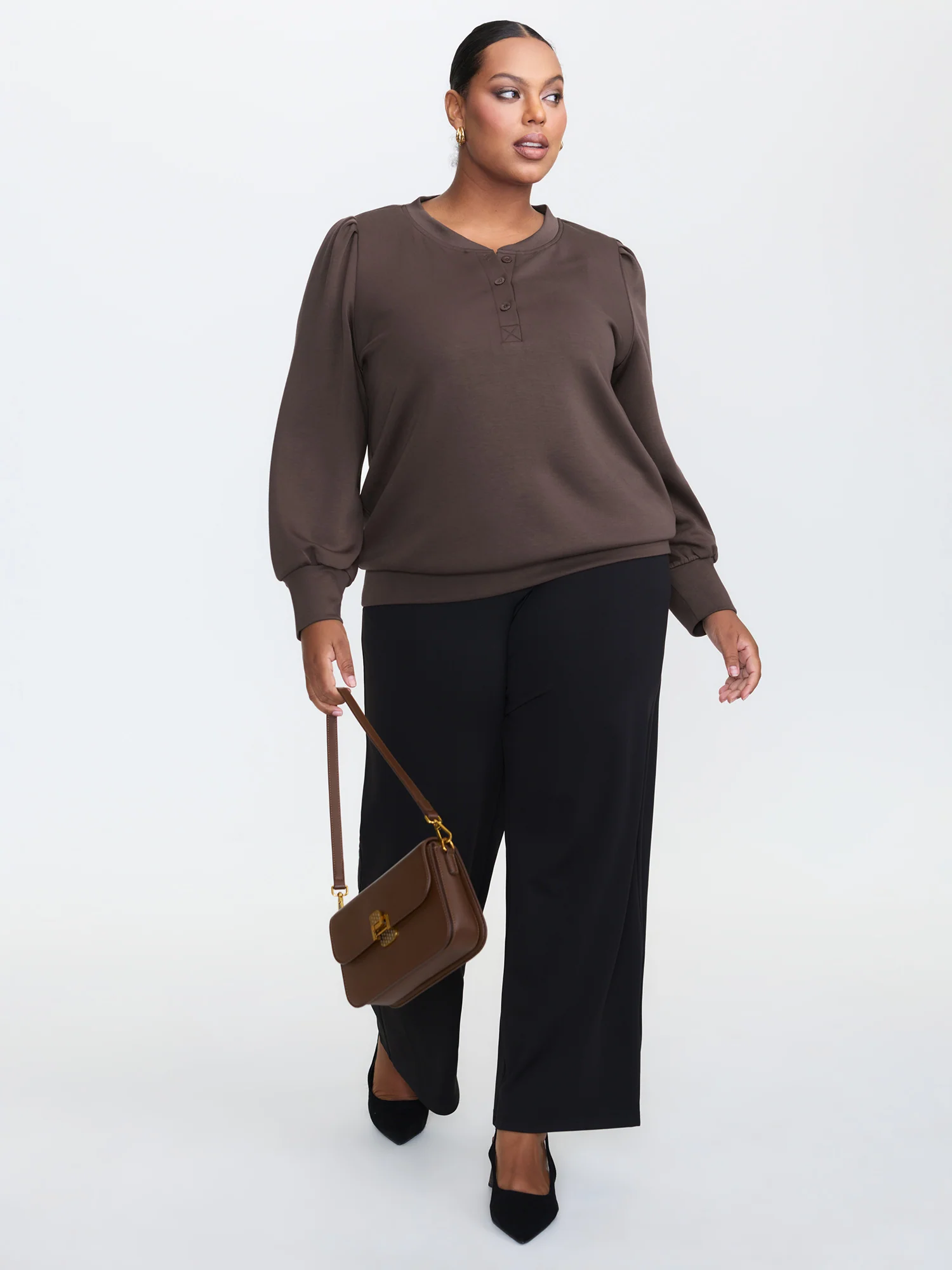 Supersoft Half Placket Puffy Sleeve Sweatshirt - Image 2