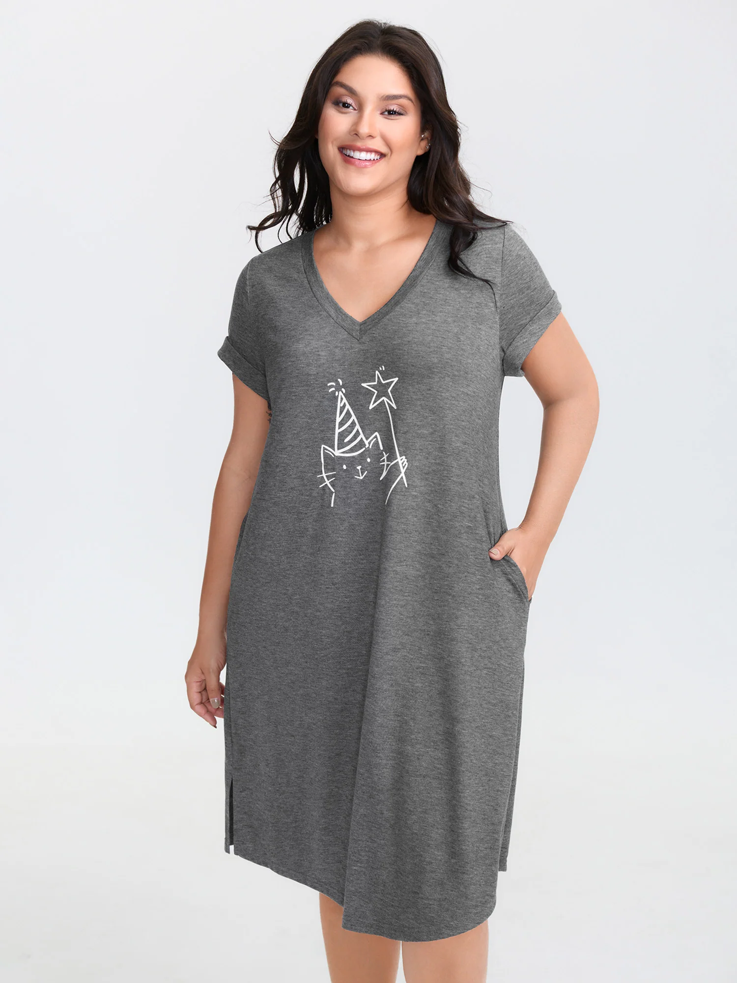 Supersoft Happy Cat Motif V-Neck Mini Dress - Image 2