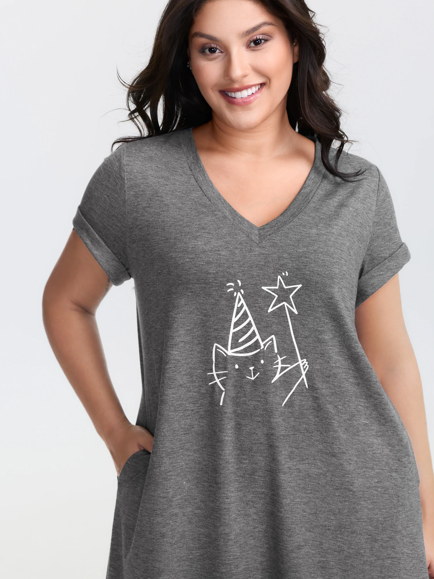 Supersoft Happy Cat Motif V-Neck Mini Dress - Image 3