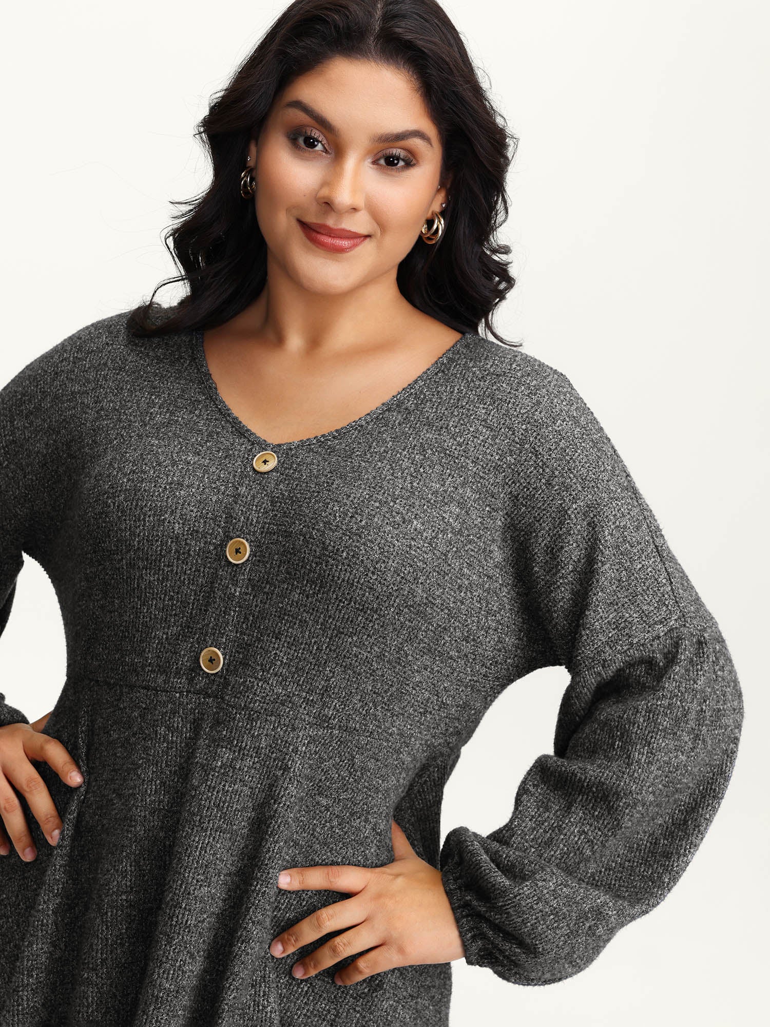 Supersoft Heather Stretchy Button Detail Knit Top - Image 2
