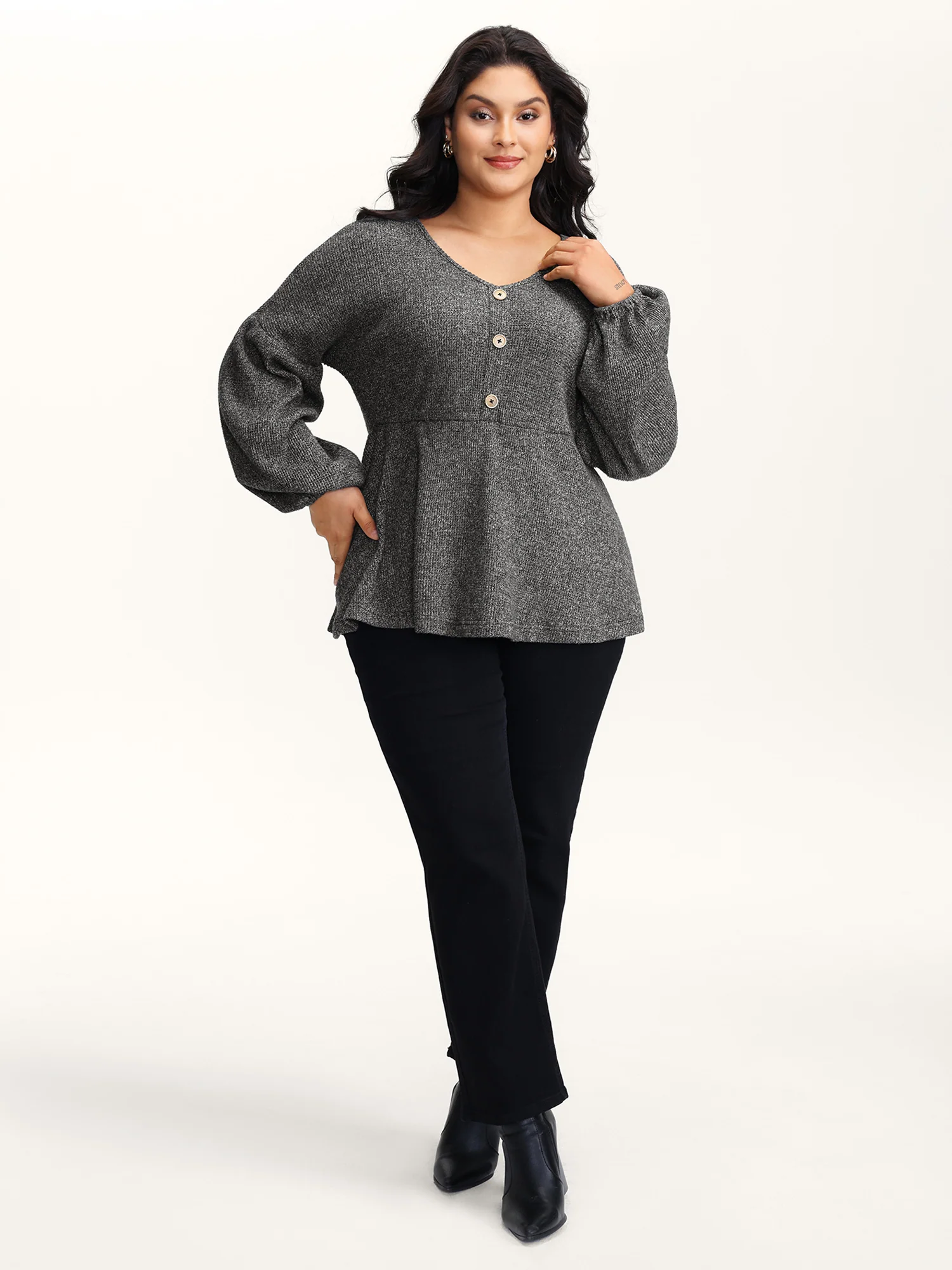 Supersoft Heather Stretchy Button Detail Knit Top - Image 3
