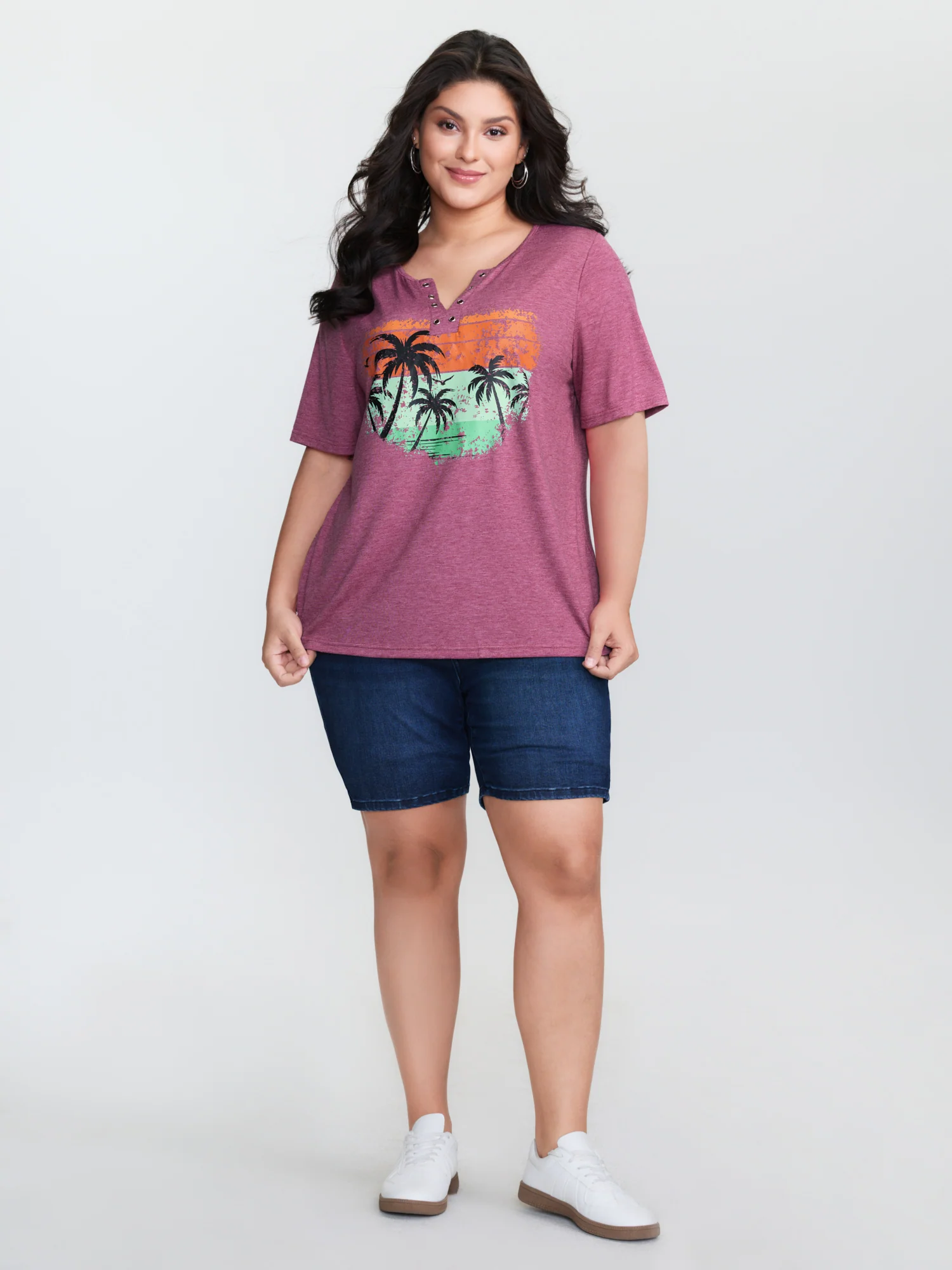 Supersoft Island Pattern Button Placket T-Shirt - Image 3