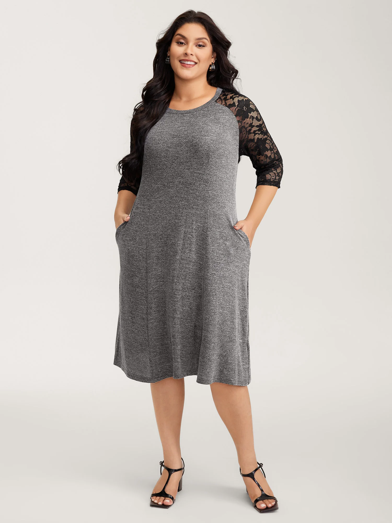 Supersoft Lace Sleeve Cinched-Waist Midi Dress - Image 3