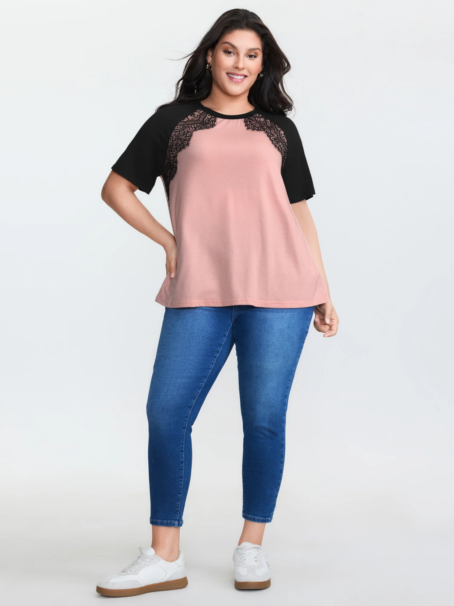 Supersoft Lace Trim Raglan Sleeve Color Contrast T-Shirt - Image 3