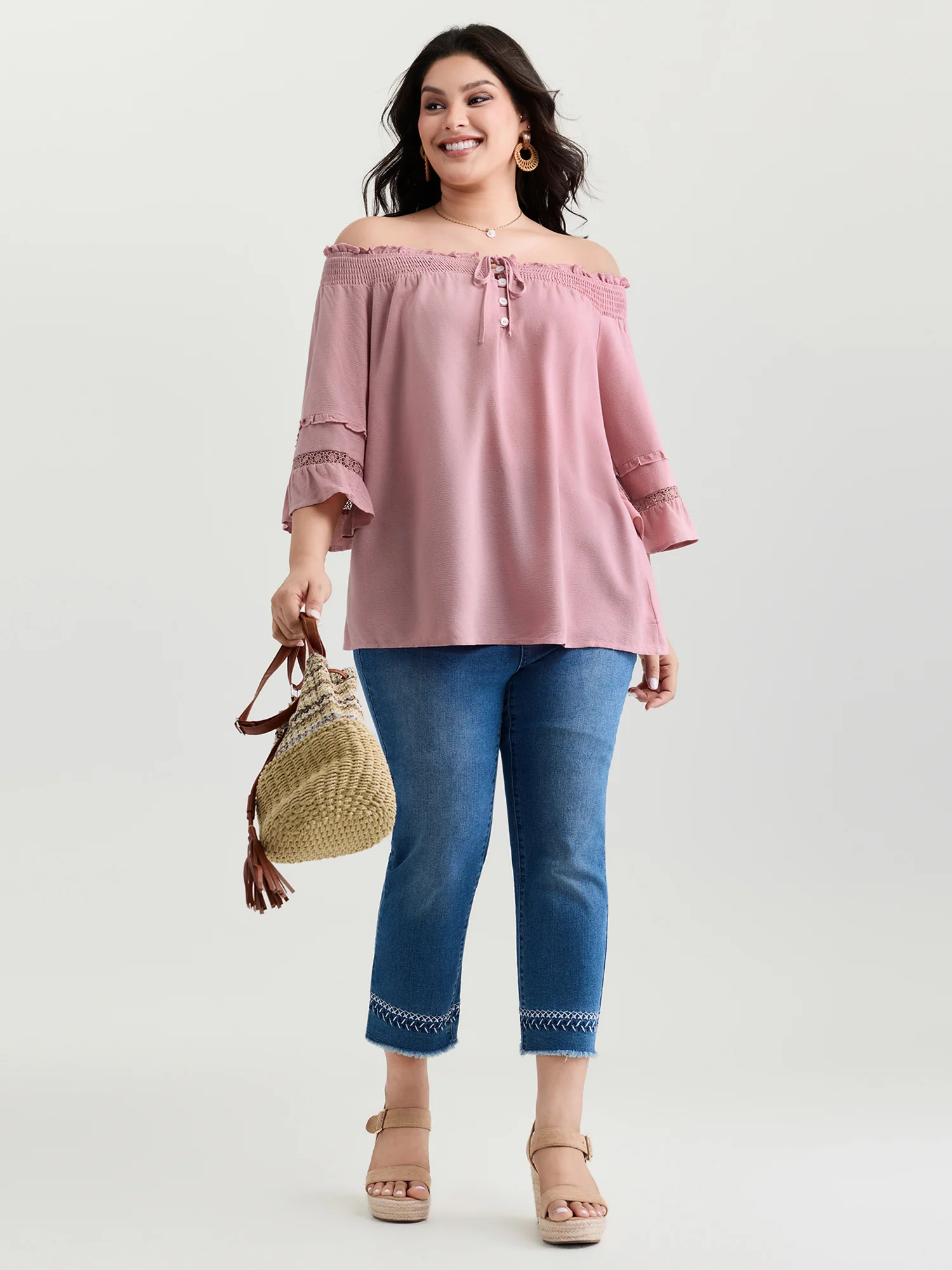 Supersoft Lace Trim Shirred Off-Shoulder Blouse - Image 2