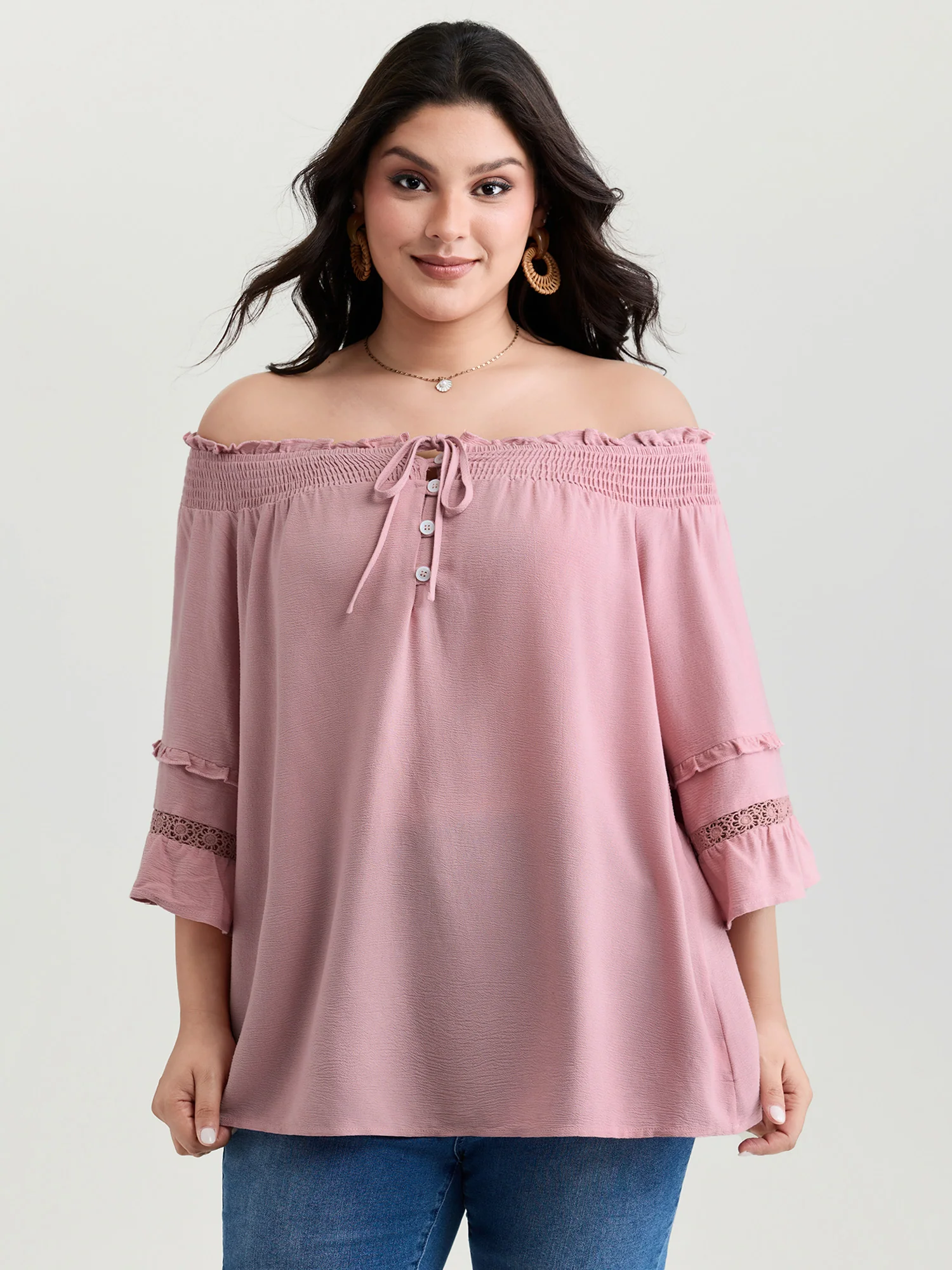 Supersoft Lace Trim Shirred Off-Shoulder Blouse - Image 3
