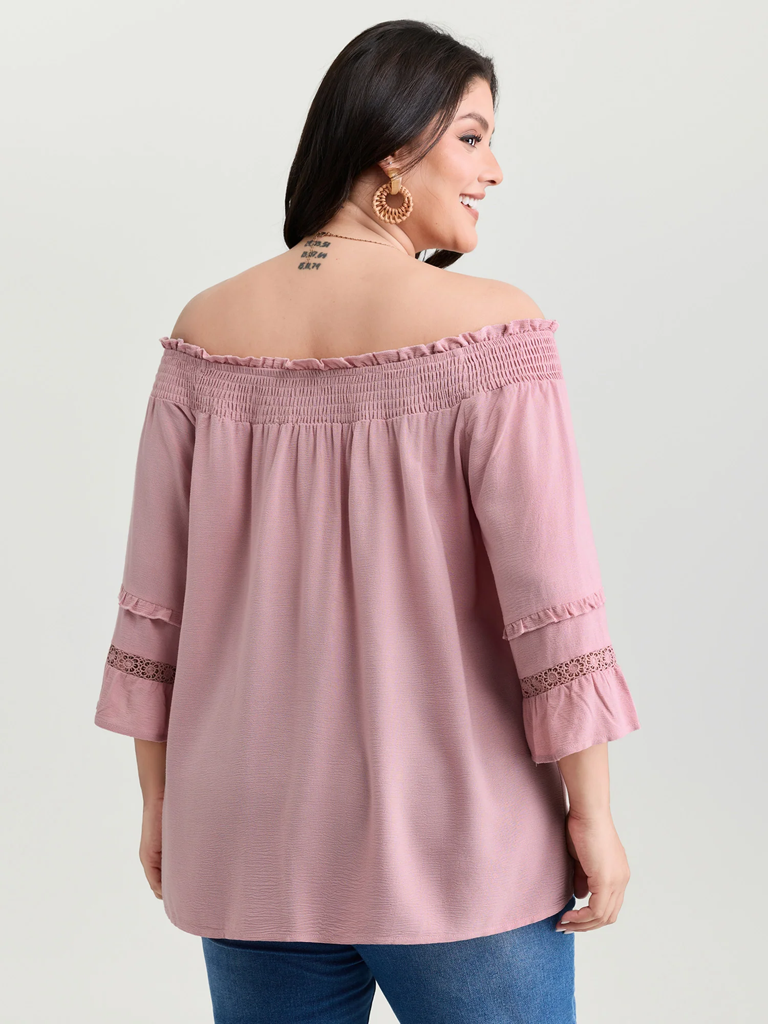 Supersoft Lace Trim Shirred Off-Shoulder Blouse - Image 4