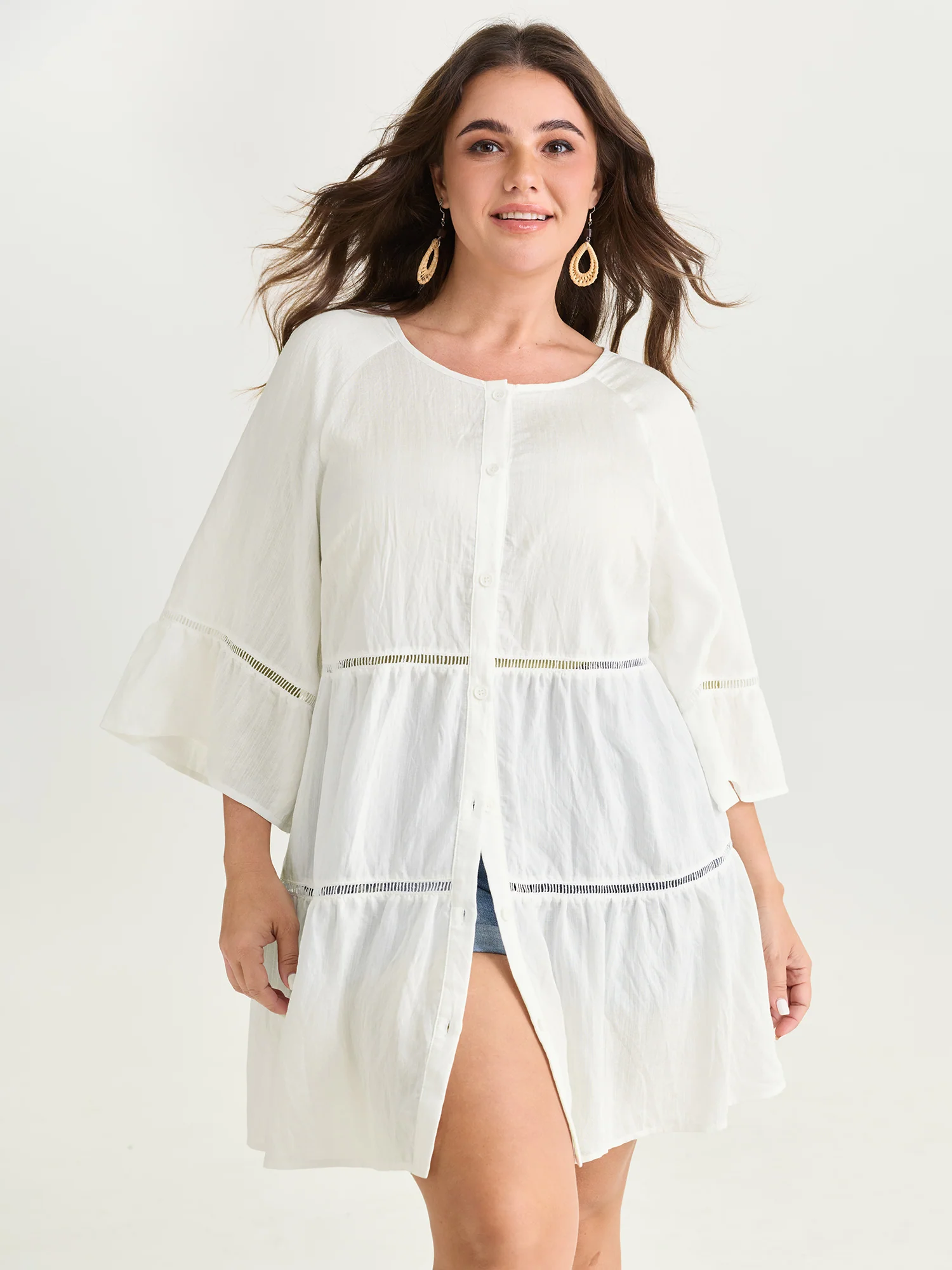 Supersoft Lace Trim Tiered Plain Open-Front Shirt - Image 2