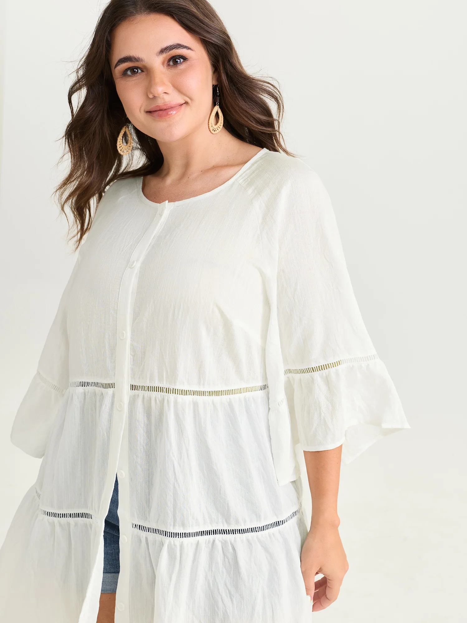 Supersoft Lace Trim Tiered Plain Open-Front Shirt - Image 3