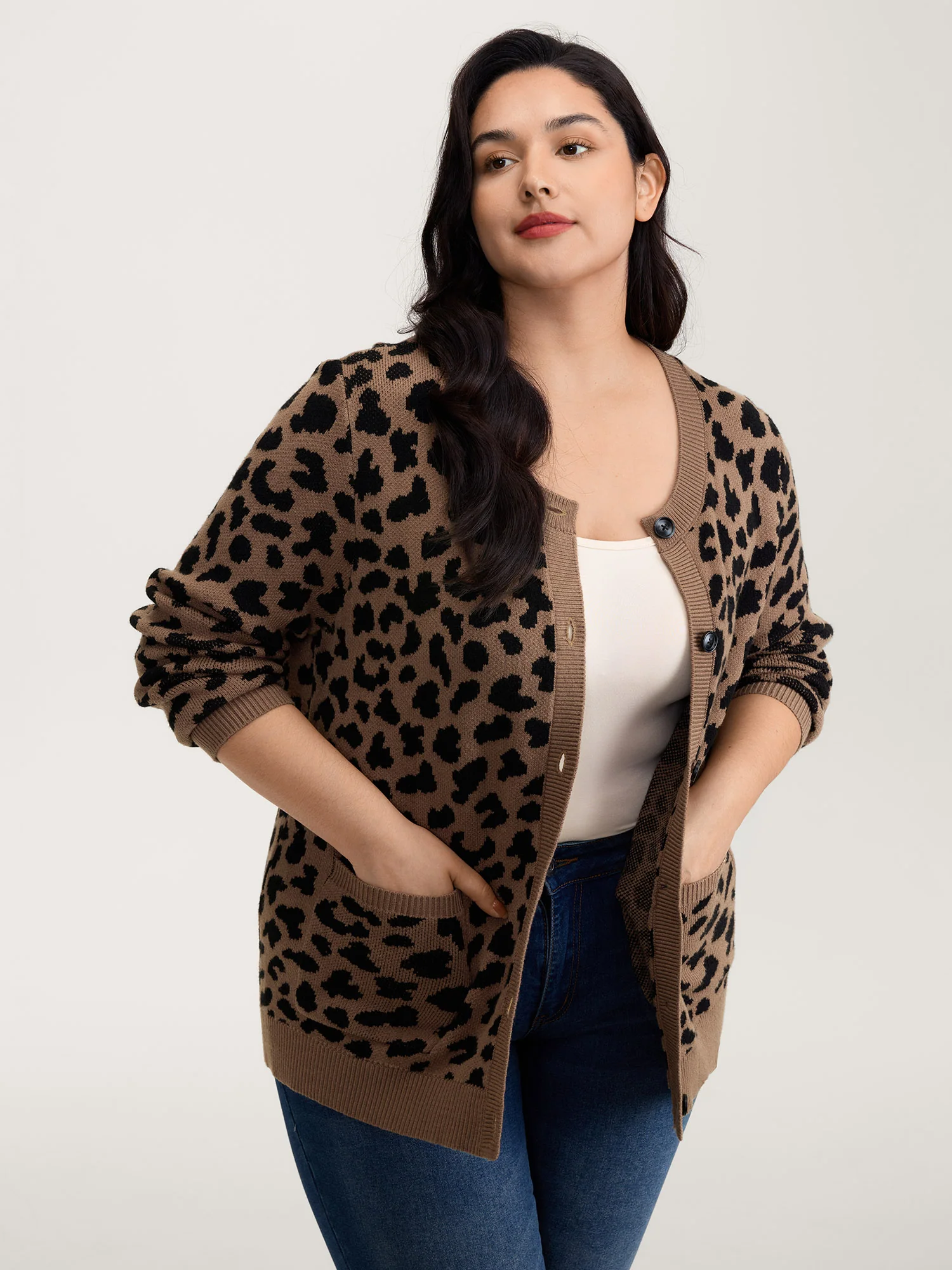 Supersoft Leopard Print Pockets Contrast Knit Cardigan - Image 2