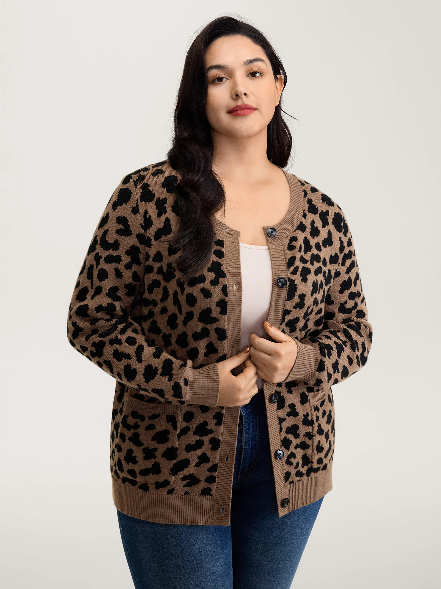 Supersoft Leopard Print Pockets Contrast Knit Cardigan - Image 3
