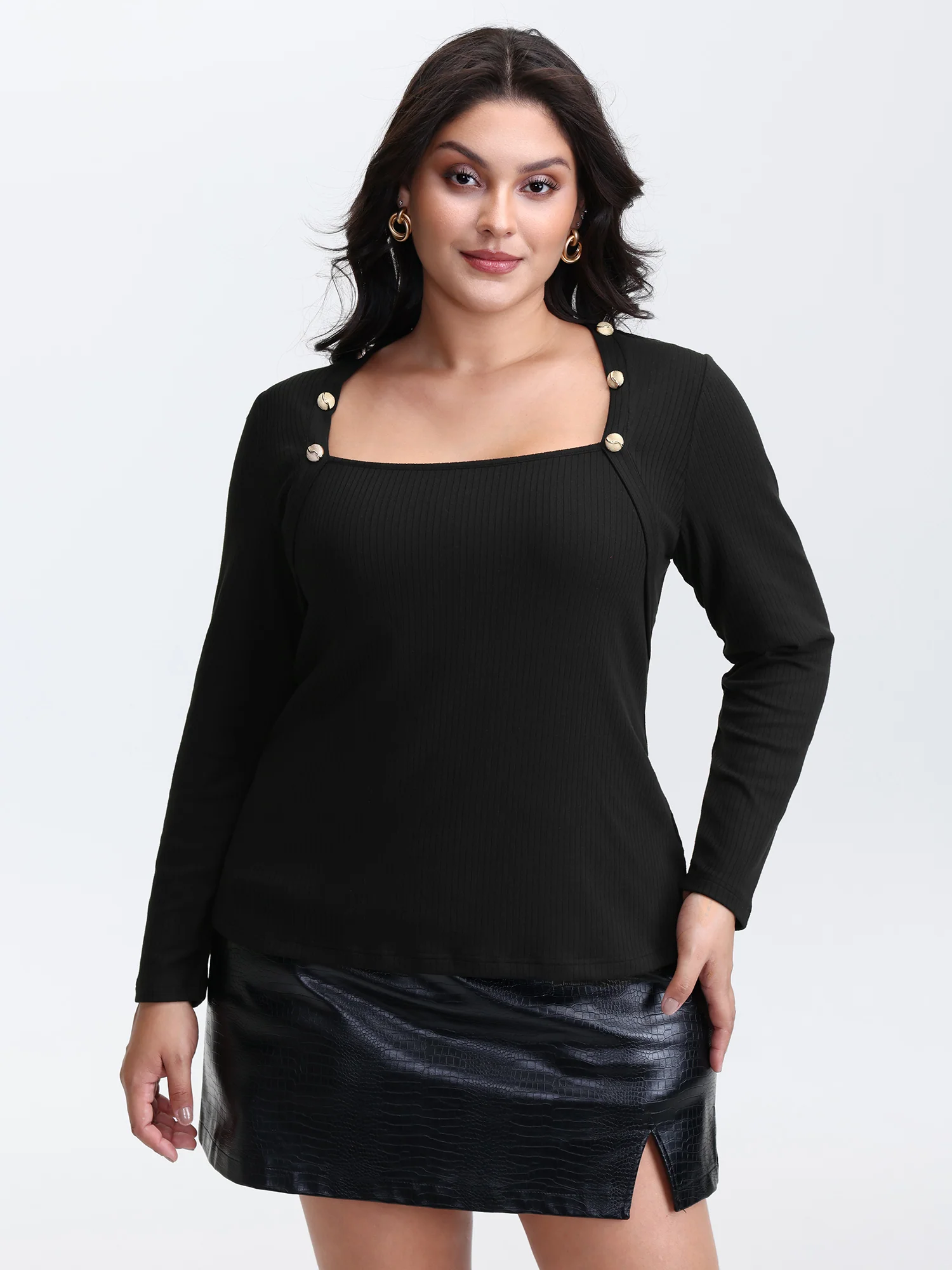 Supersoft Metallic Button Solid Knit Top - Image 2