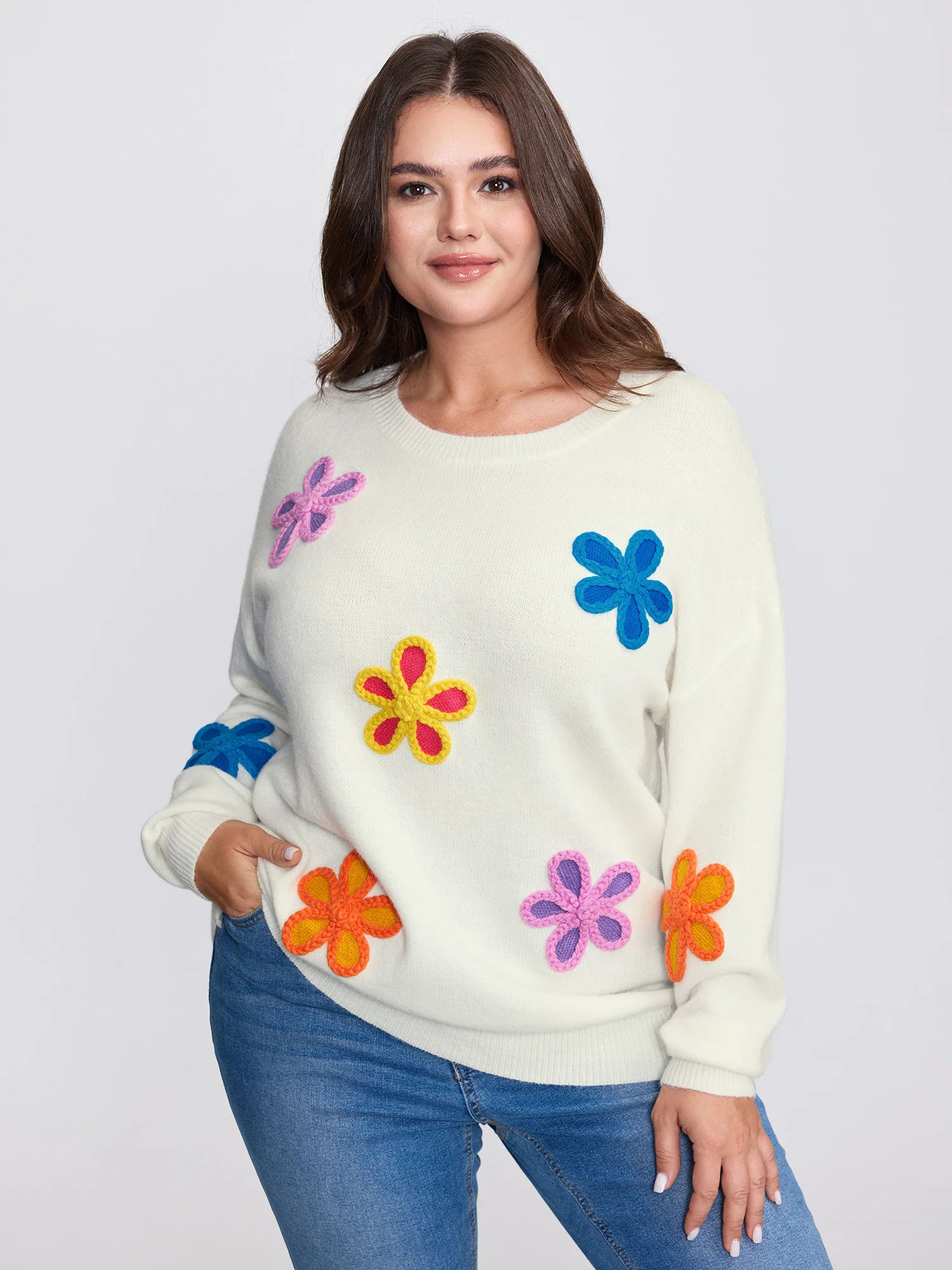 Supersoft Multi-Color Floral Crochet Round Neck Pullover - Image 2