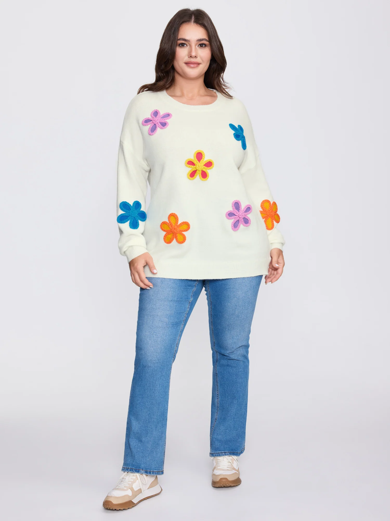 Supersoft Multi-Color Floral Crochet Round Neck Pullover - Image 3