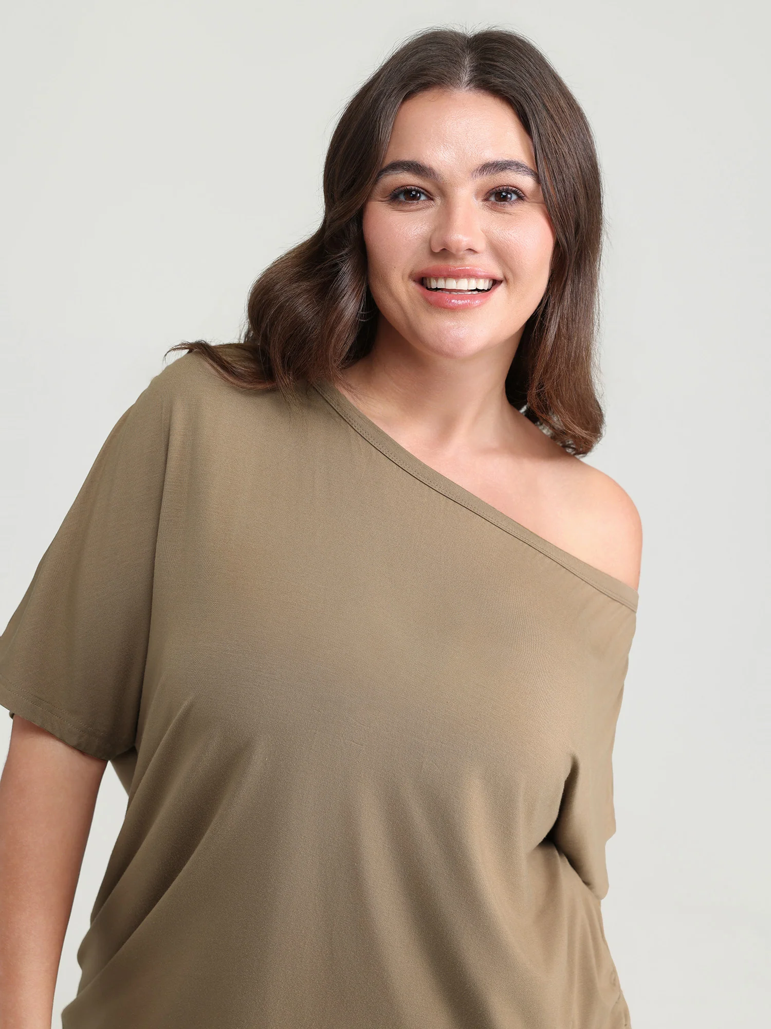 Supersoft One-Shoulder Draped Plain Knit Top - Image 2