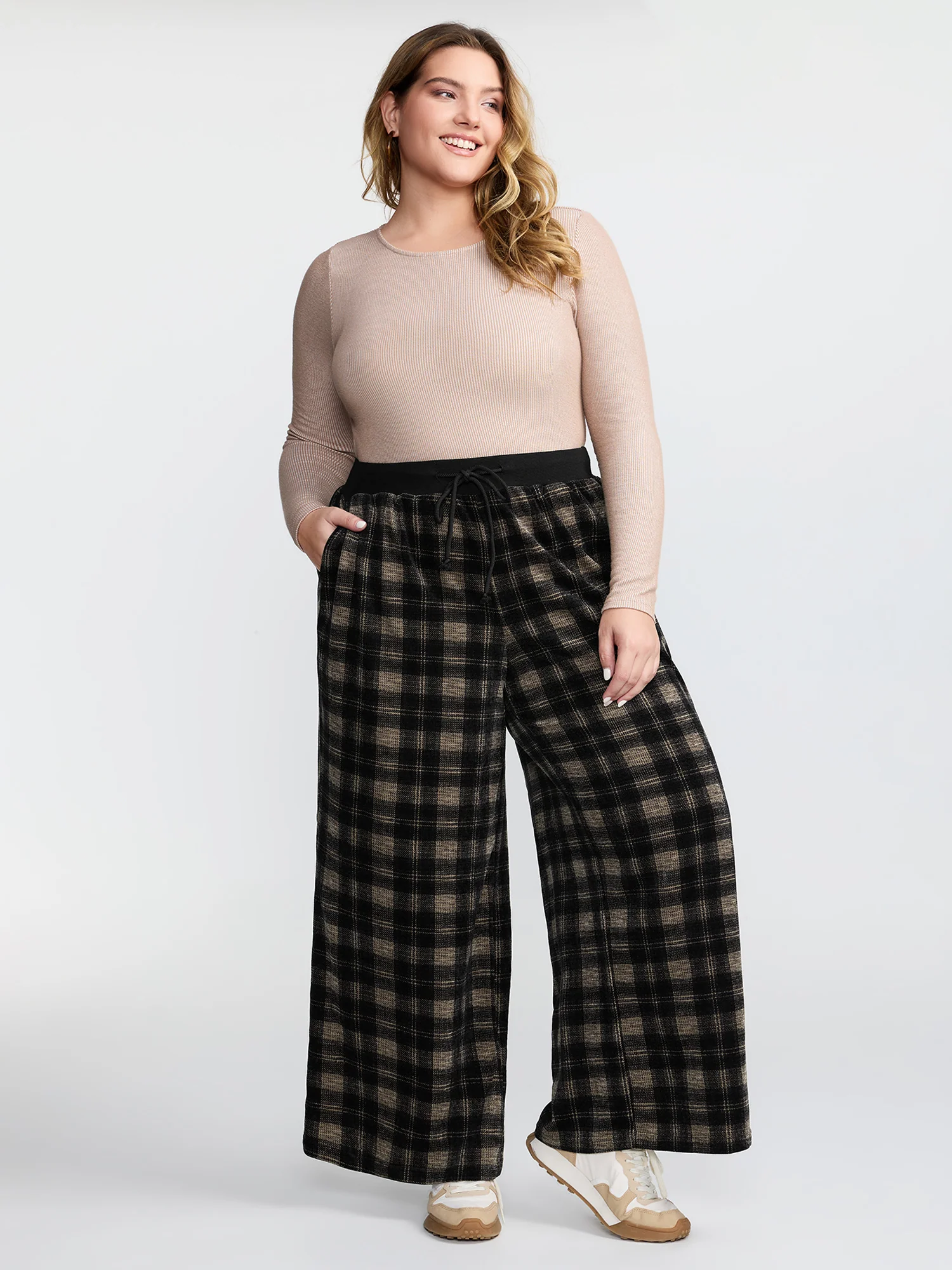 Supersoft Plaid Color Contrast Wide-Leg Pants - Image 2