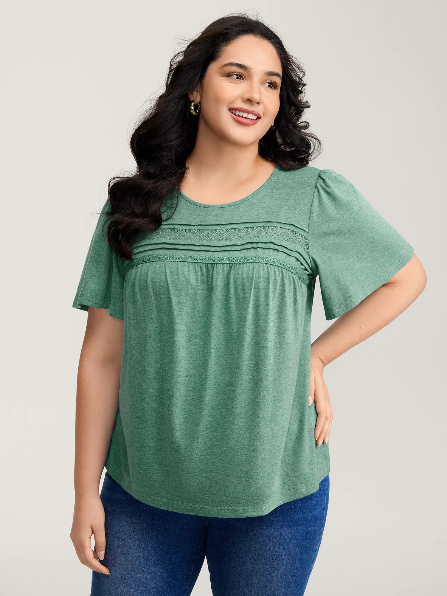 Supersoft Pleated Detail Lace Trim T-Shirt - Image 2