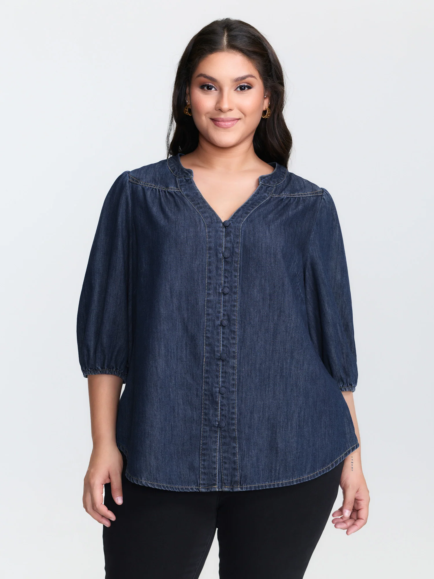 Supersoft Pleated Notched Collar Denim Top - Image 2
