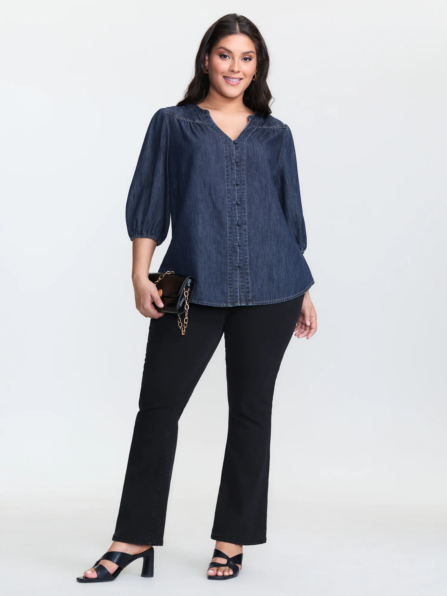 Supersoft Pleated Notched Collar Denim Top - Image 3