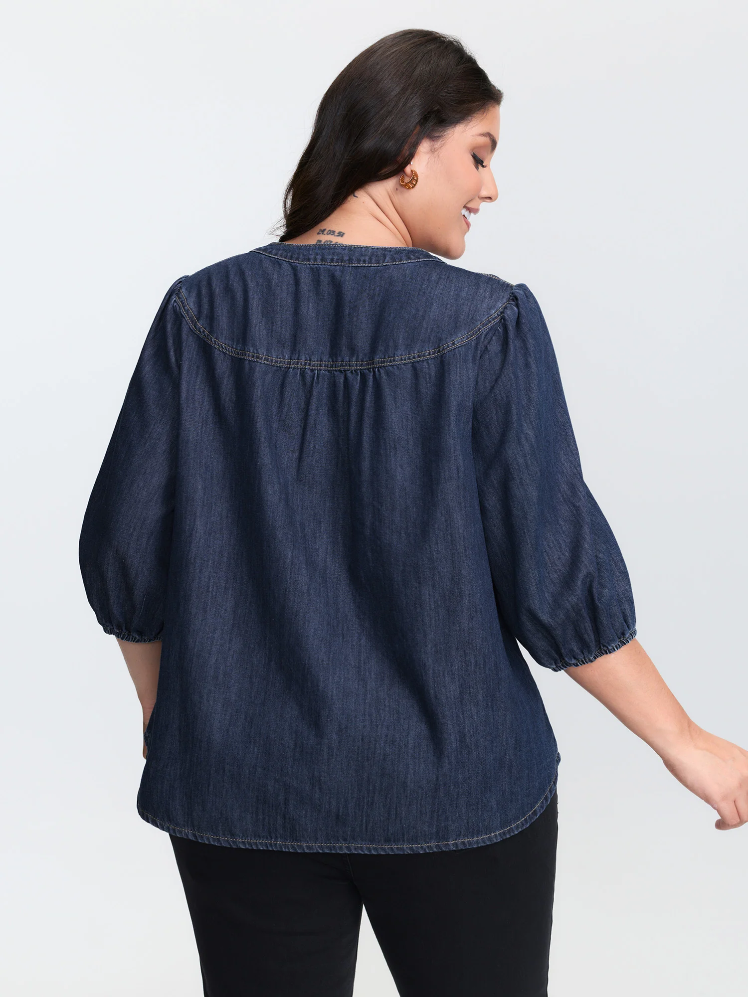 Supersoft Pleated Notched Collar Denim Top - Image 4