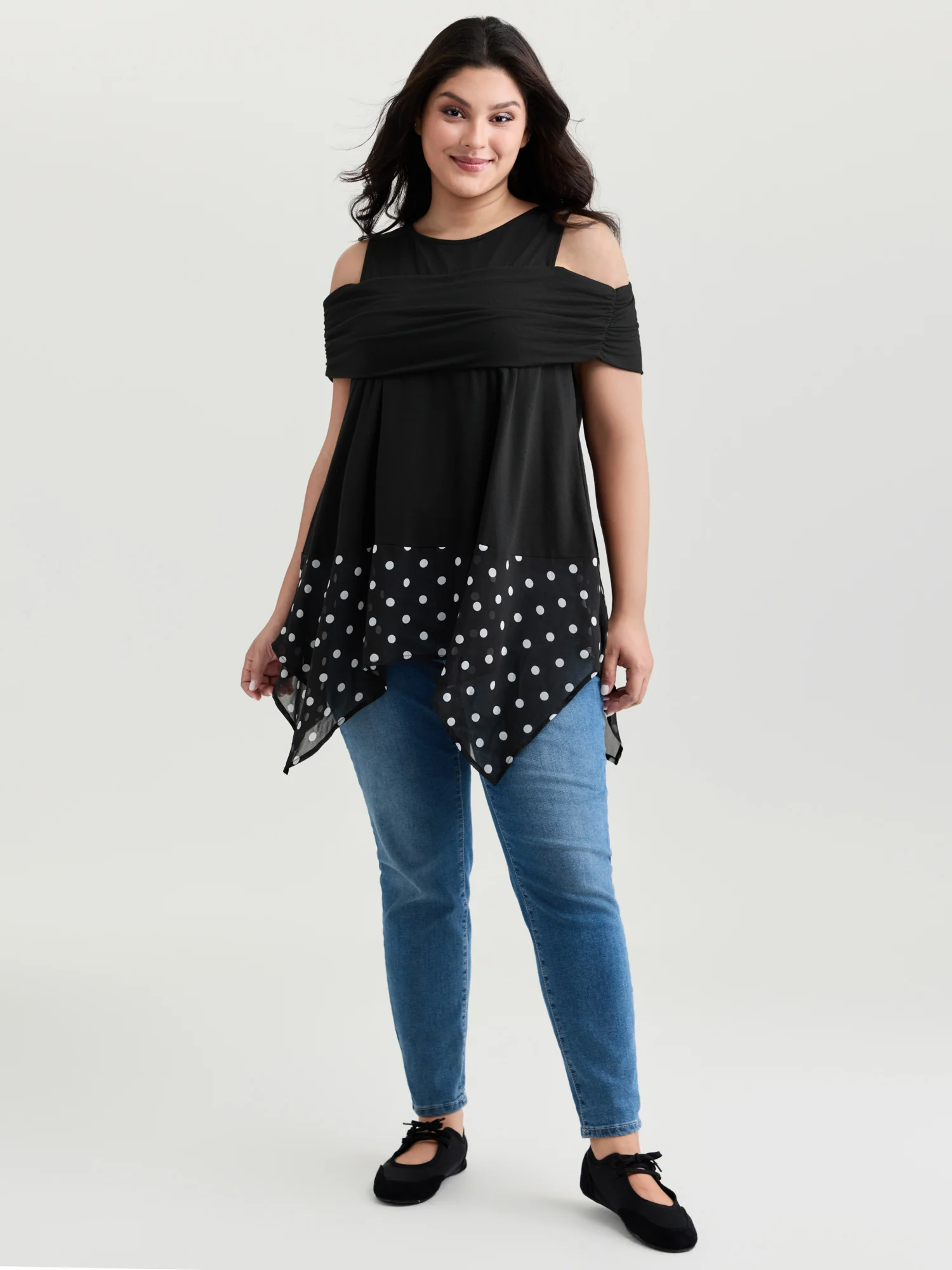 Supersoft Polka Dots High Low Hem Ruched T-Shirt - Image 3