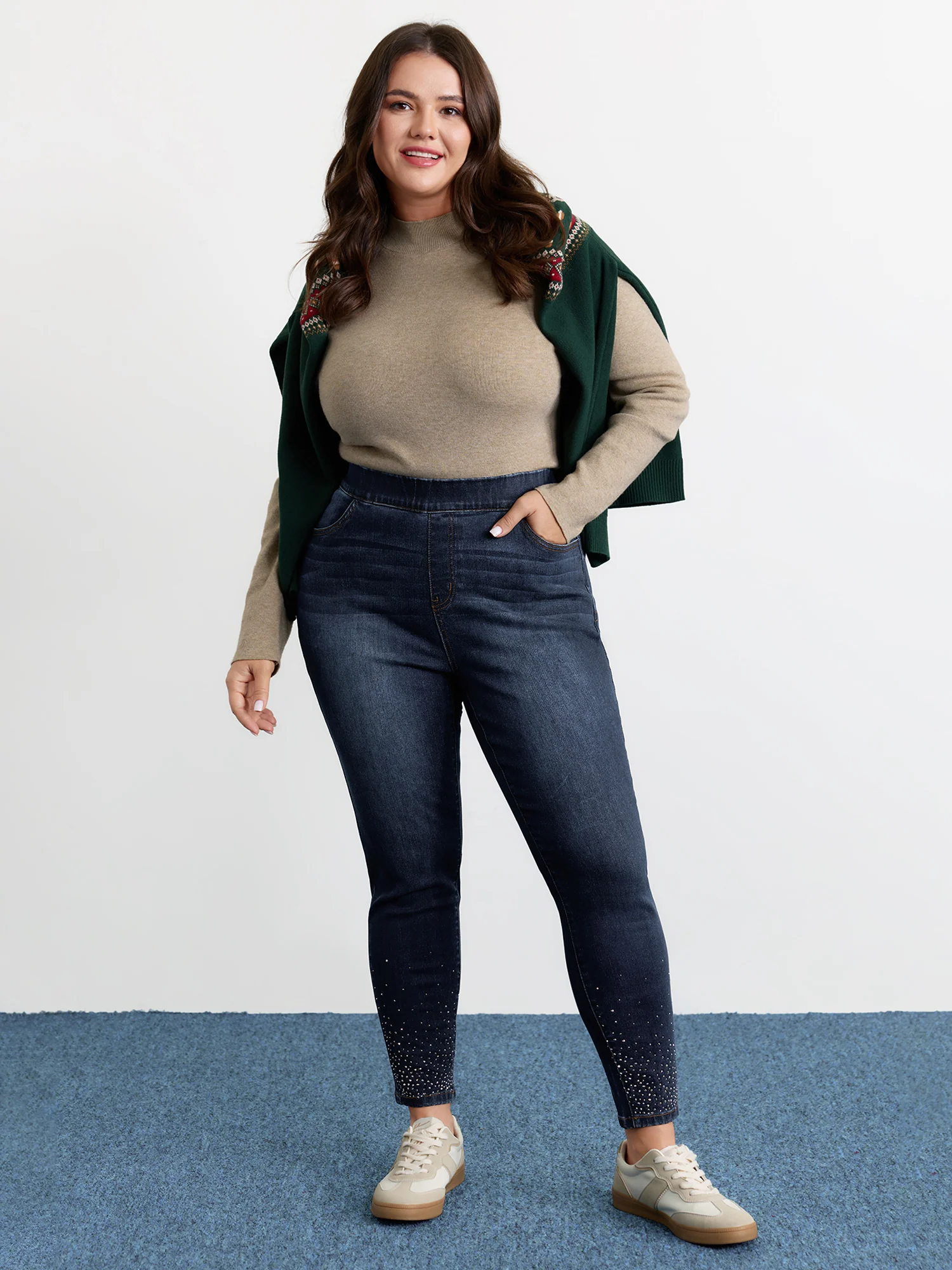 Pull-On Rhinestone Hem Cropped Jeans - Image 2