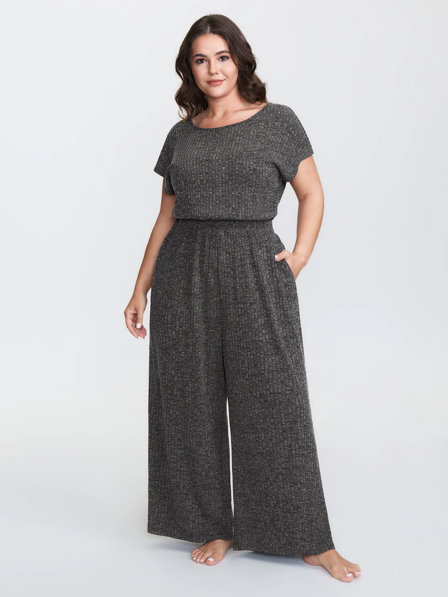 Supersoft Ribbed Pockets Back-Tie Lounge Jumpsuit