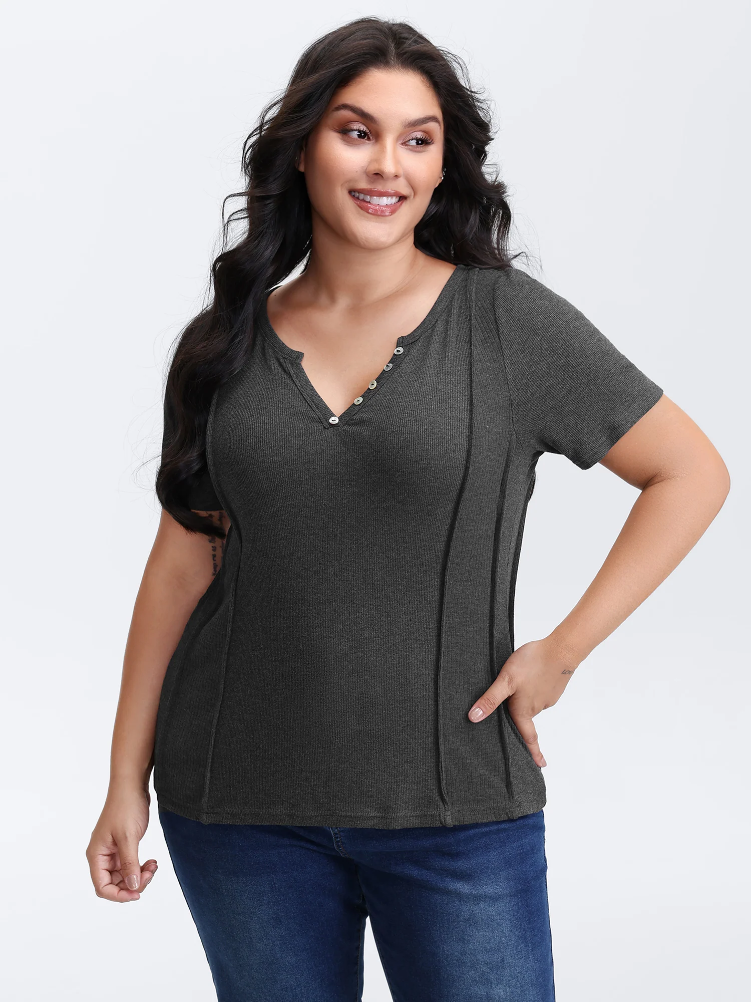 Supersoft Ribbed Split Neckline Fitted T-Shirt - Image 2
