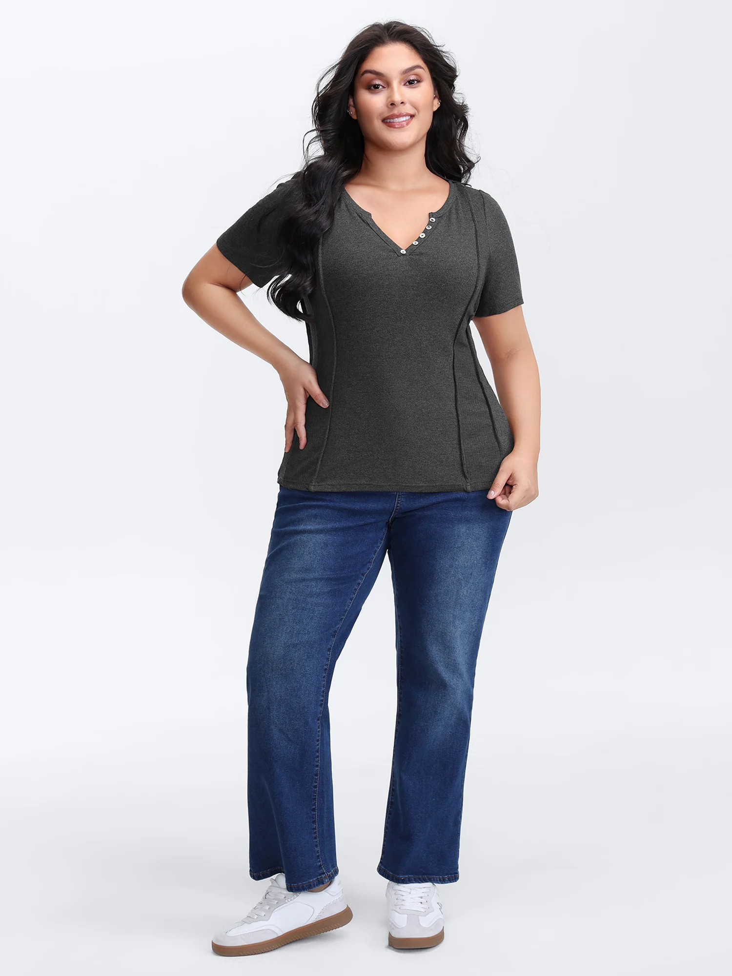 Supersoft Ribbed Split Neckline Fitted T-Shirt - Image 3