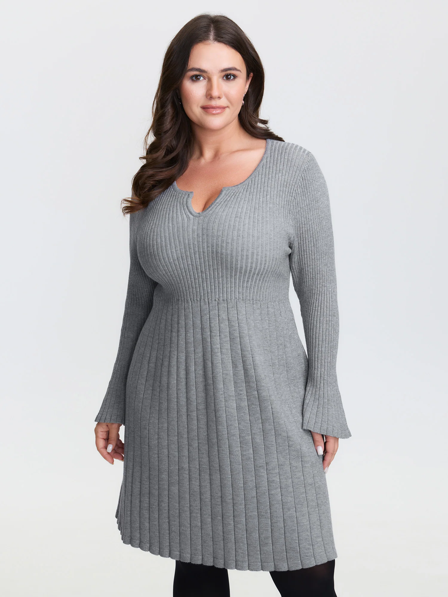 Supersoft Ribbed Split Neckline Flared Cuff Mini Dress - Image 2