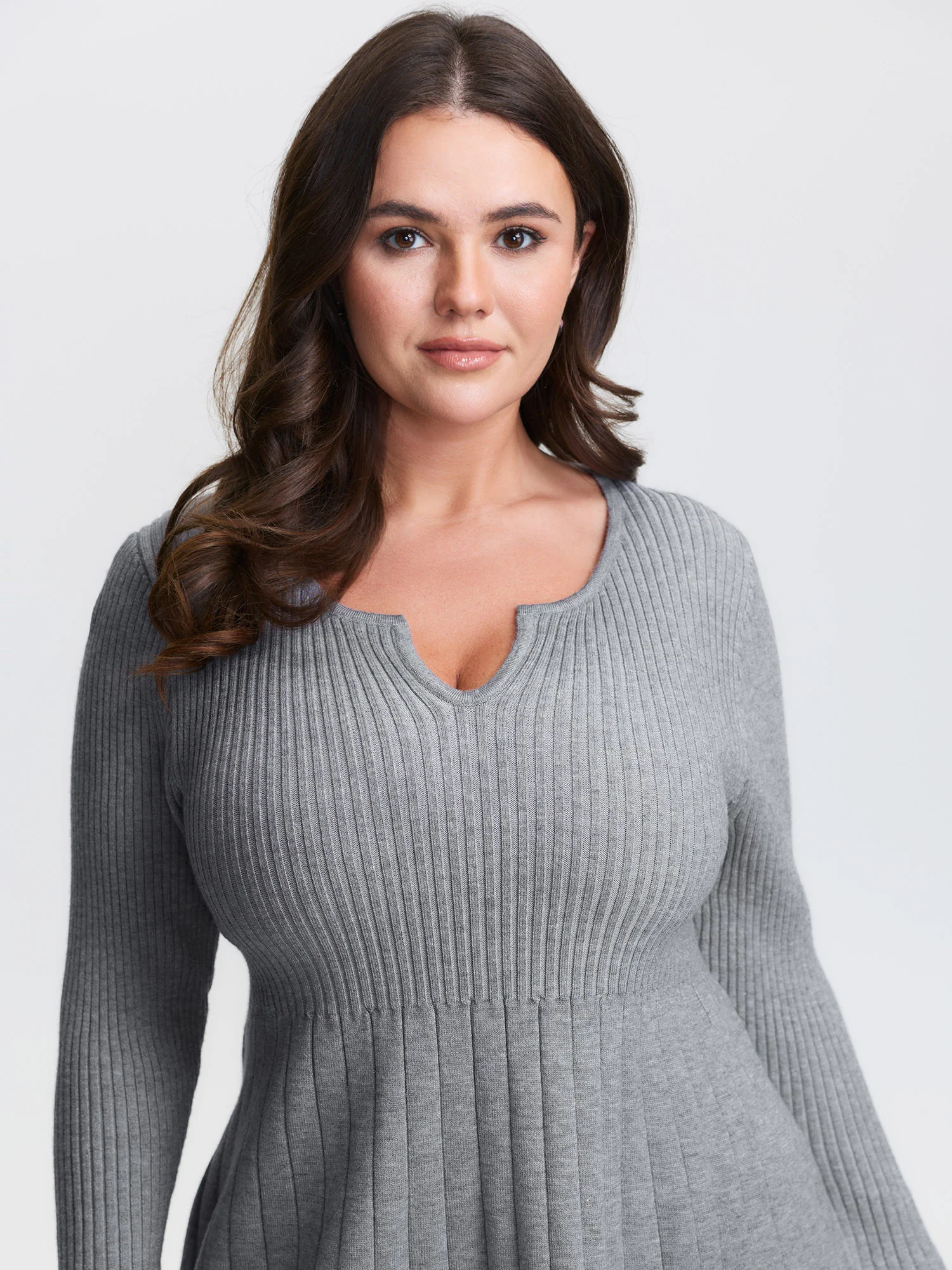 Supersoft Ribbed Split Neckline Flared Cuff Mini Dress - Image 3