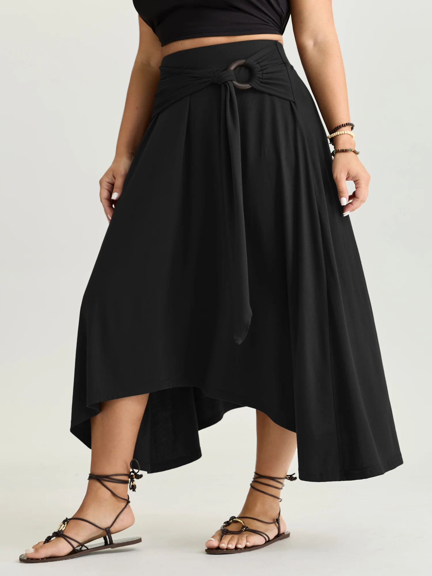Supersoft Ring Detail Tie Asymmetrical Hem Midi Skirt - Image 8