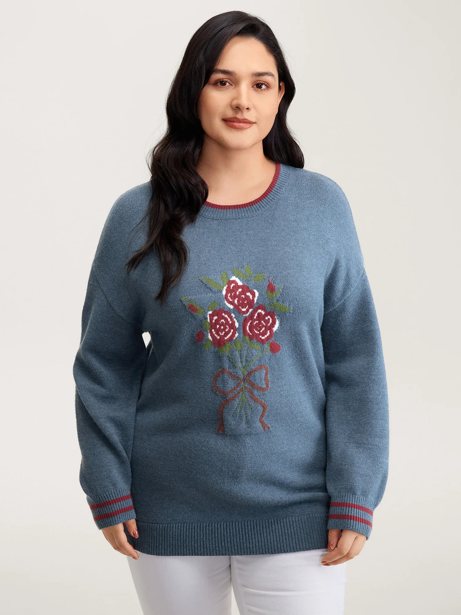 Supersoft Rosy Motif Contrast Round Neck Pullover - Image 2