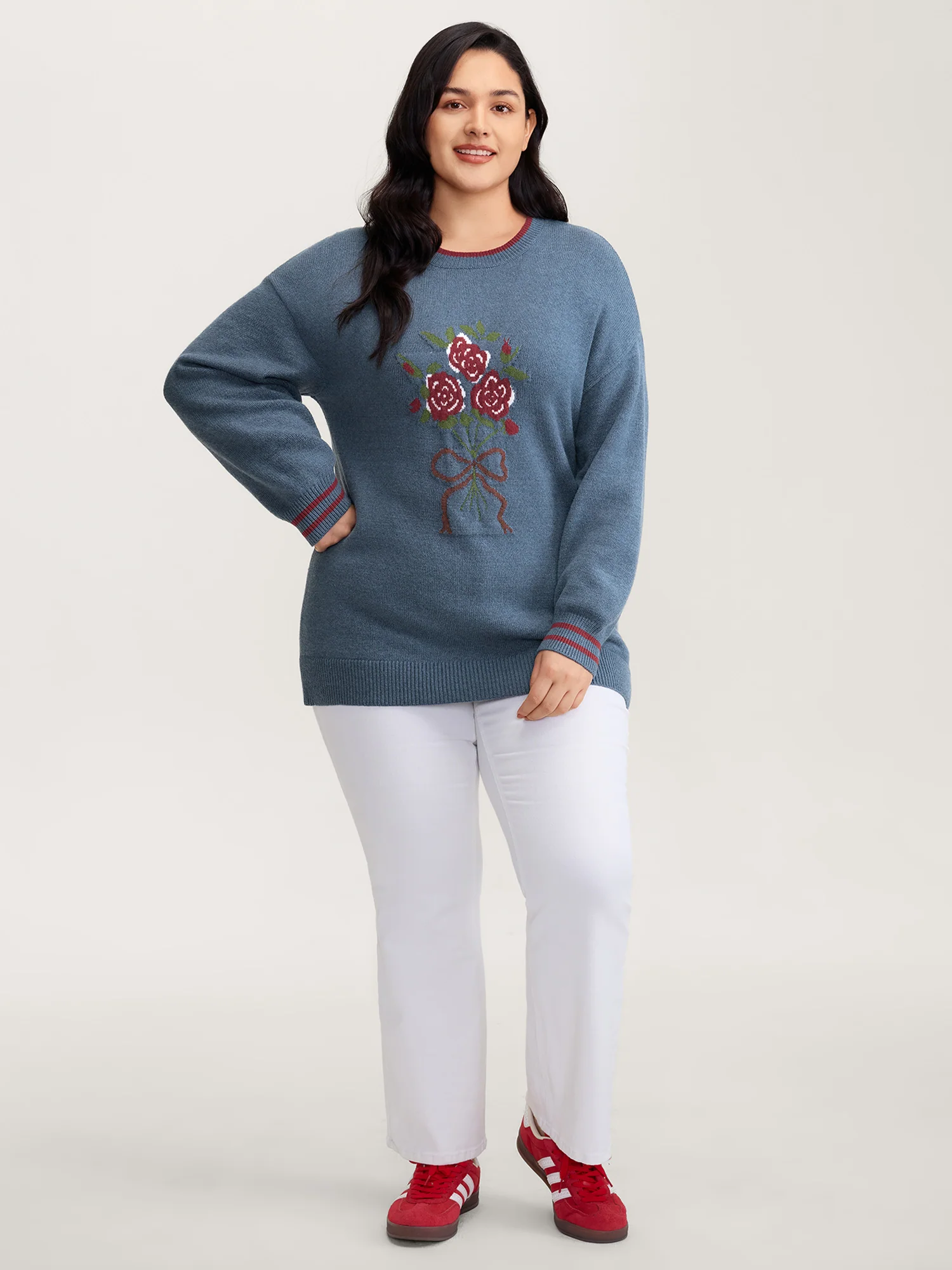 Supersoft Rosy Motif Contrast Round Neck Pullover - Image 3