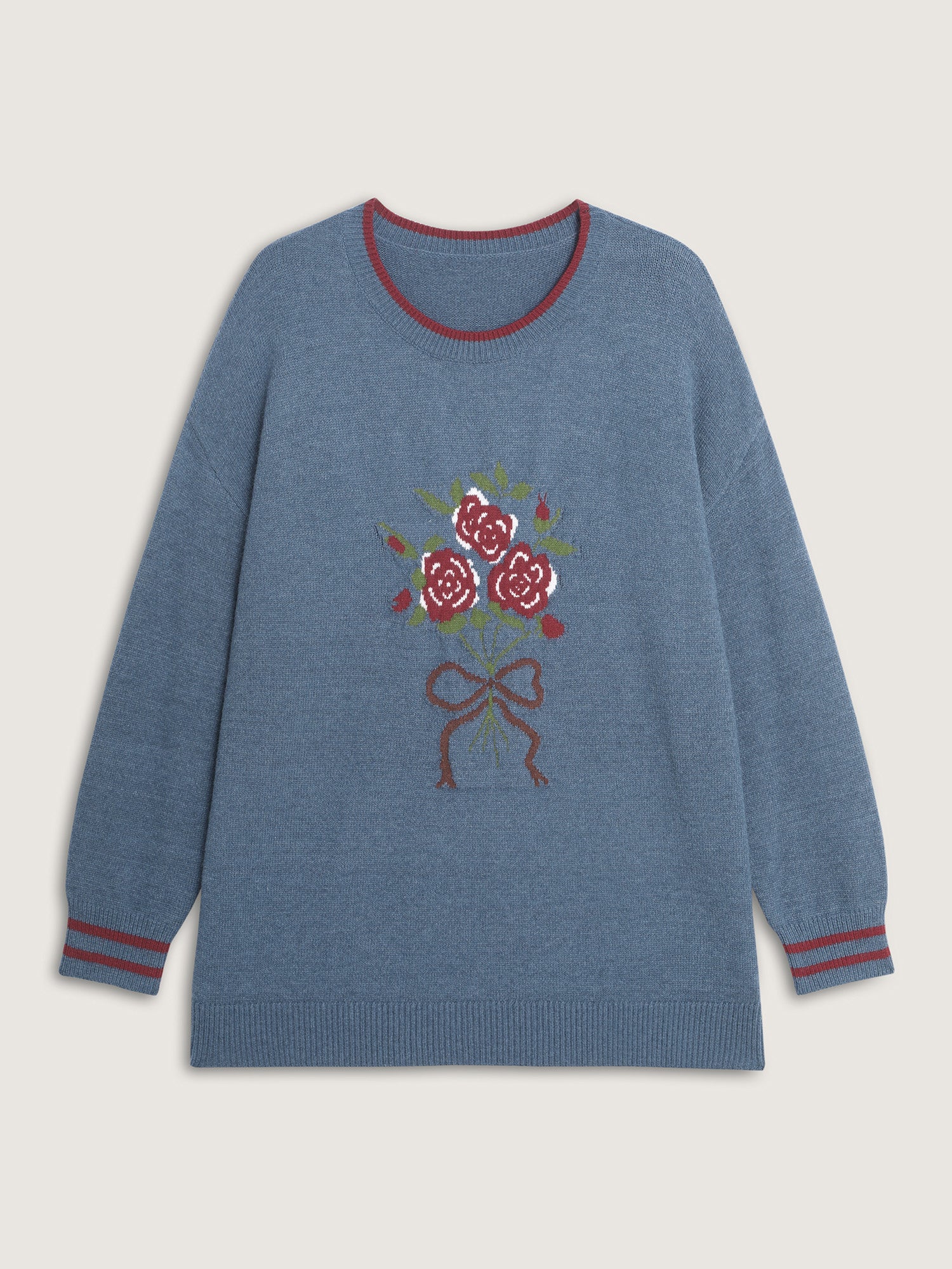Supersoft Rosy Motif Contrast Round Neck Pullover - Image 7