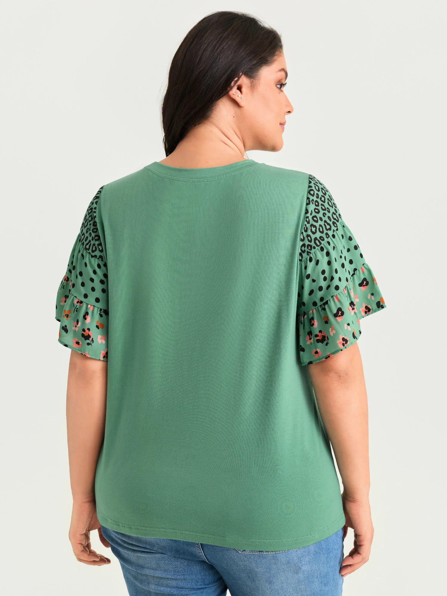 Supersoft Round Neck Color Block Floral Sleeve T-Shirt - Image 4